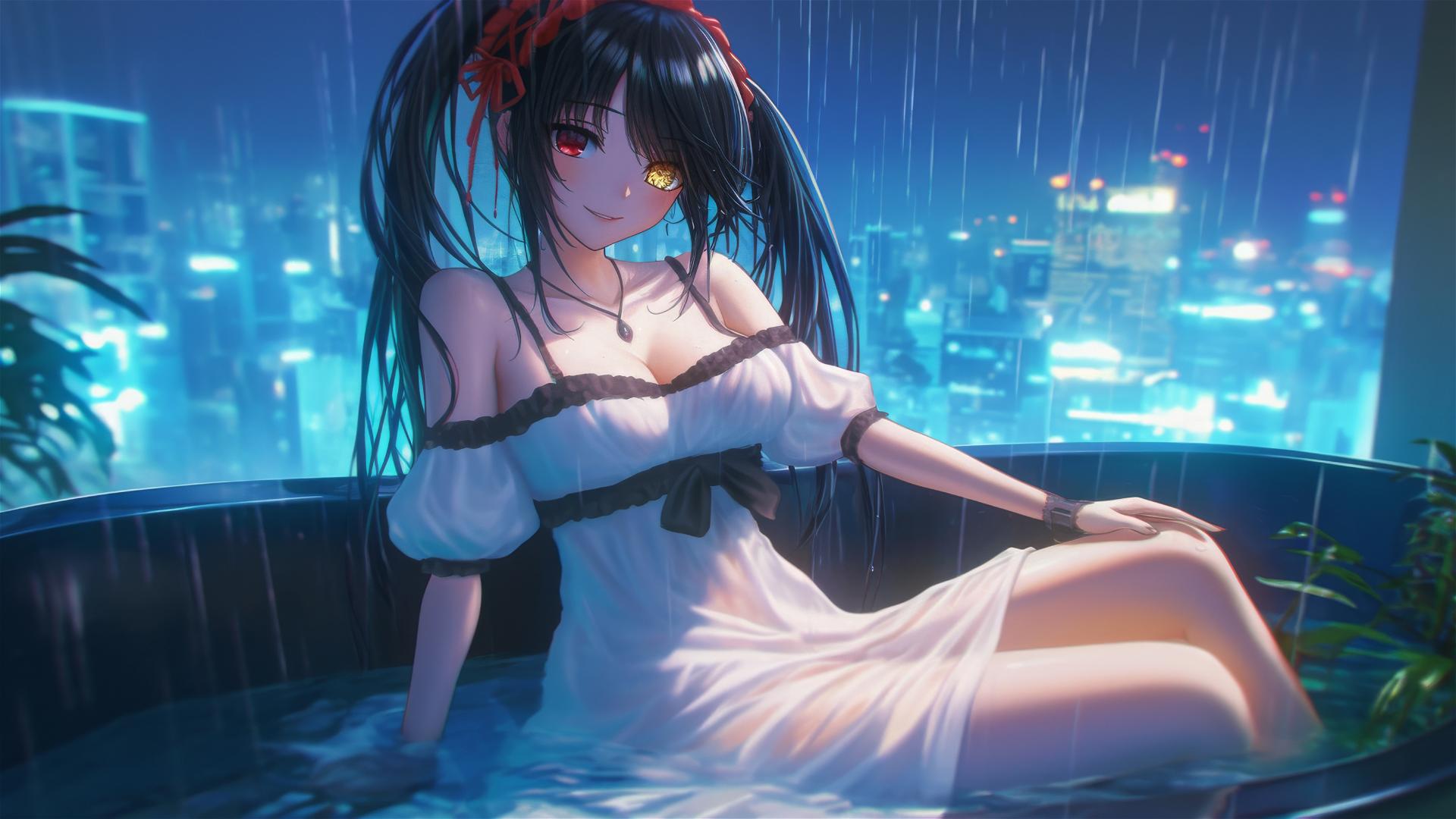 Kurumi Tokisaki in a tub with moonlight glow, white dress, red and yellow eyes