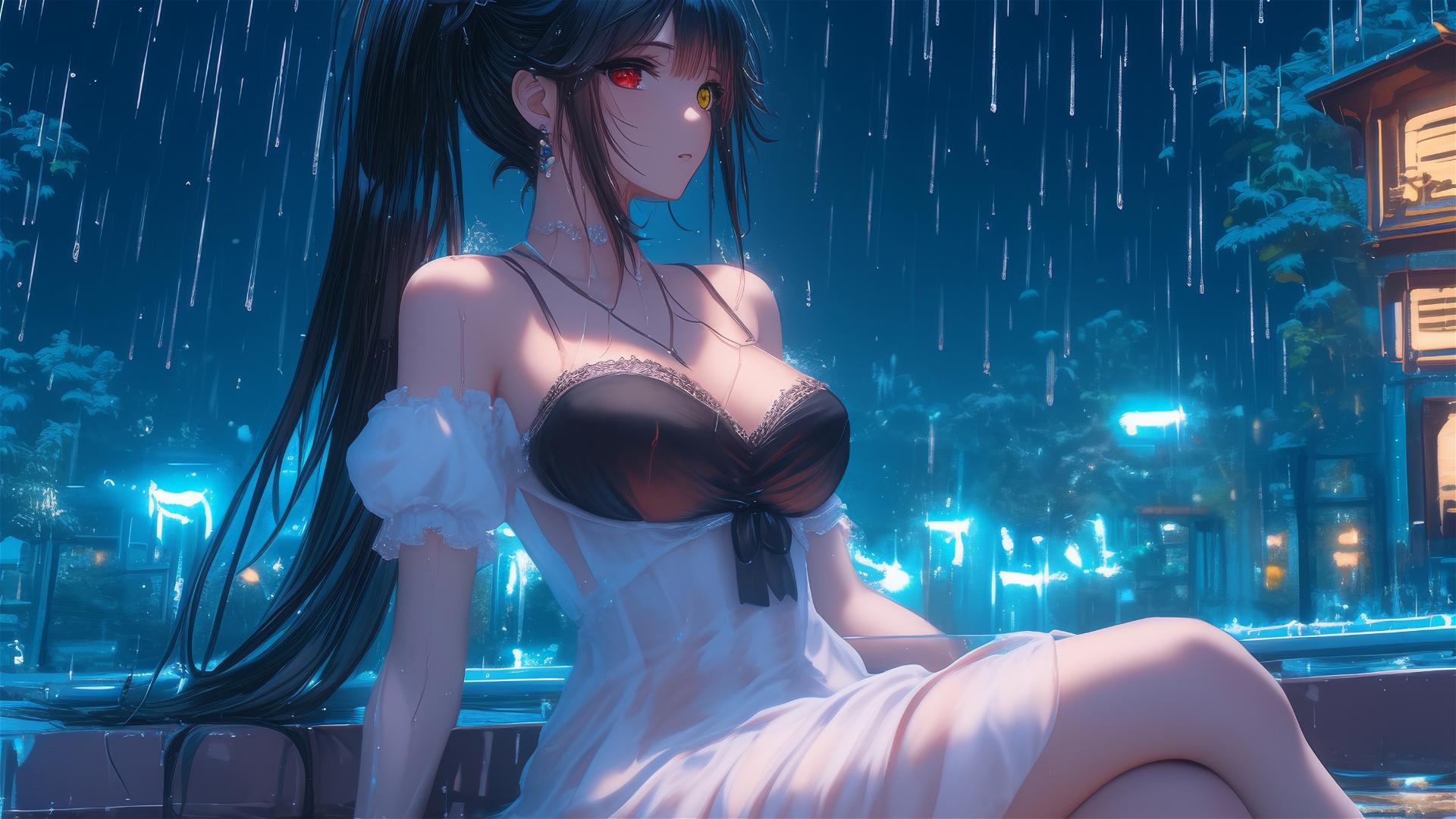 Kurumi Tokisaki relaxing in a tub under moonlight, dressed in white, with heterochromatic eyes.