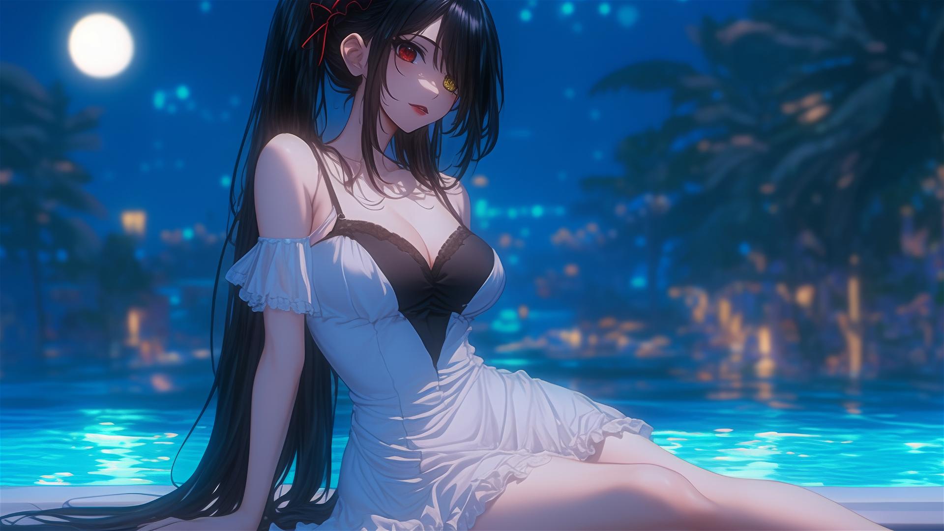 Kurumi Tokisaki resting in a tub with moonlight glow, wearing a white dress, rainy night