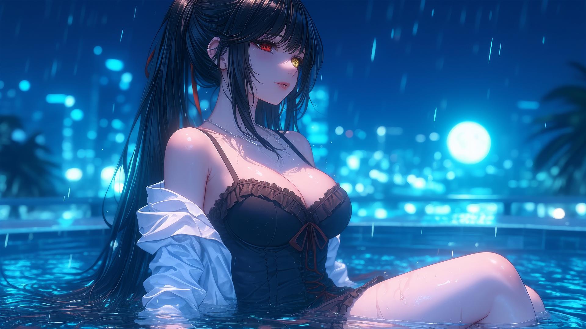 Kurumi Tokisaki resting in a tub under moonlight, one red and one yellow eye