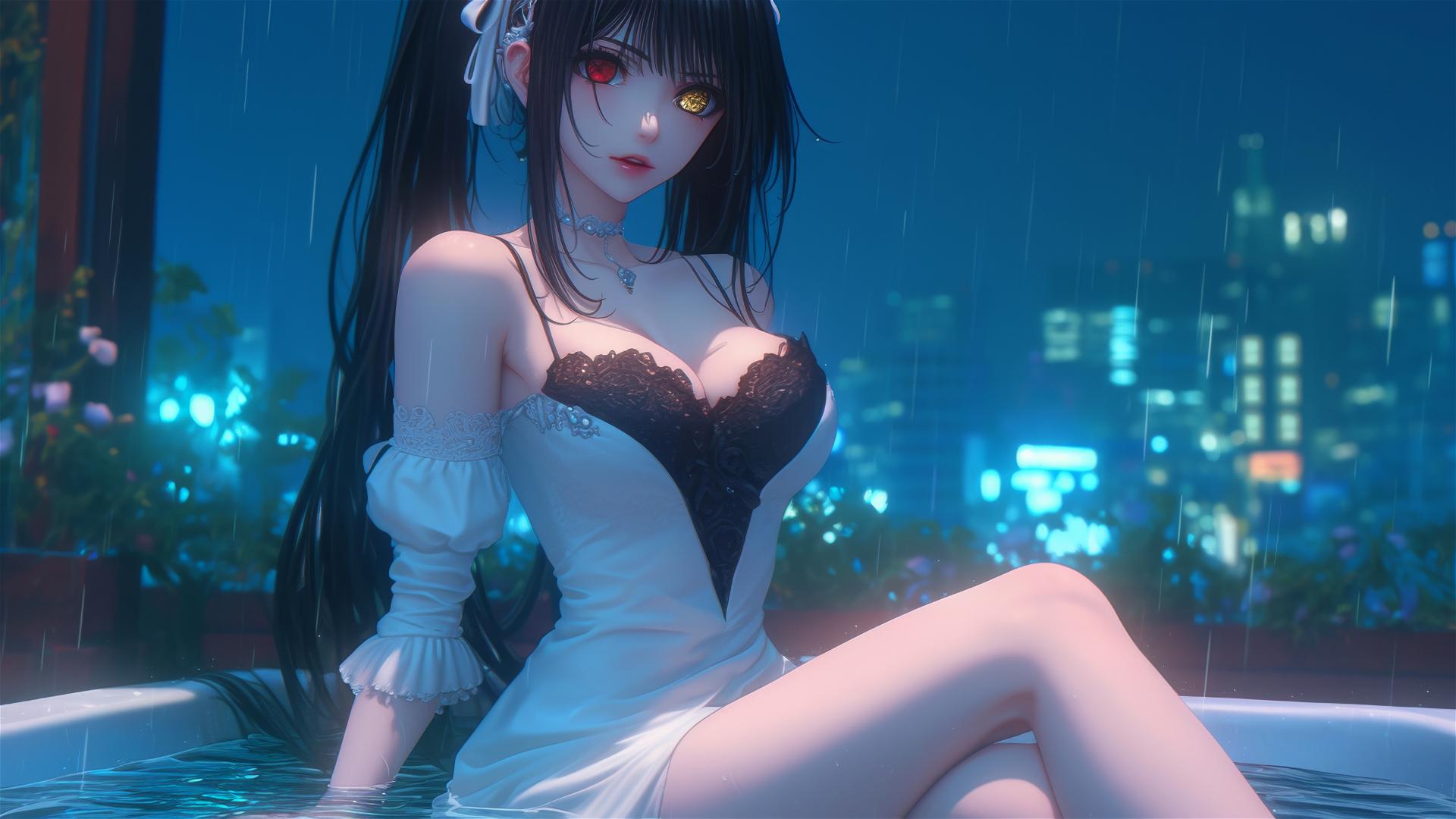 Kurumi Tokisaki from Date A Live resting in a bathtub, moonlight glowing