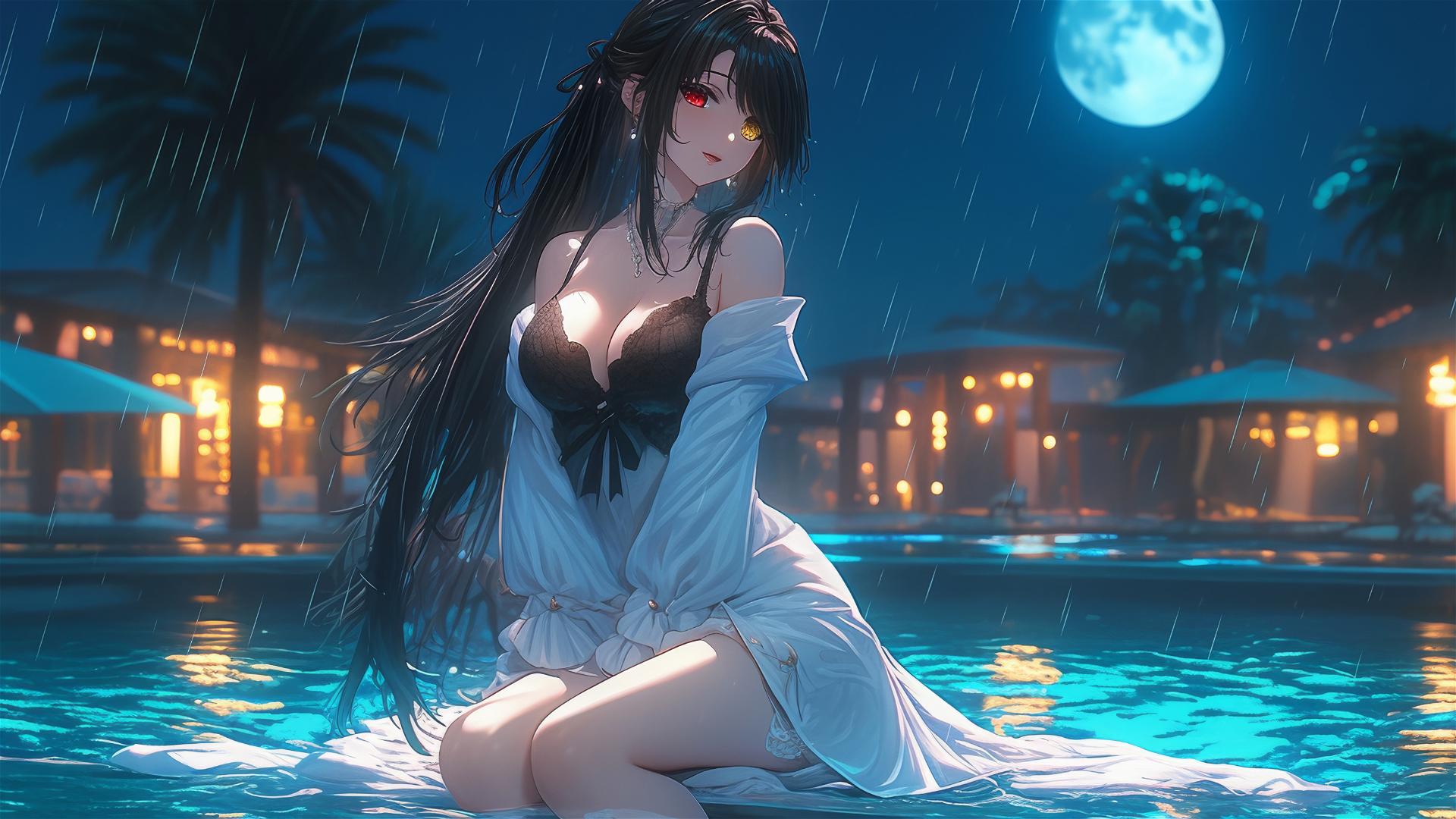 Kurumi Tokisaki stands in a rainy pool under moonlight with distinct red and yellow eyes.