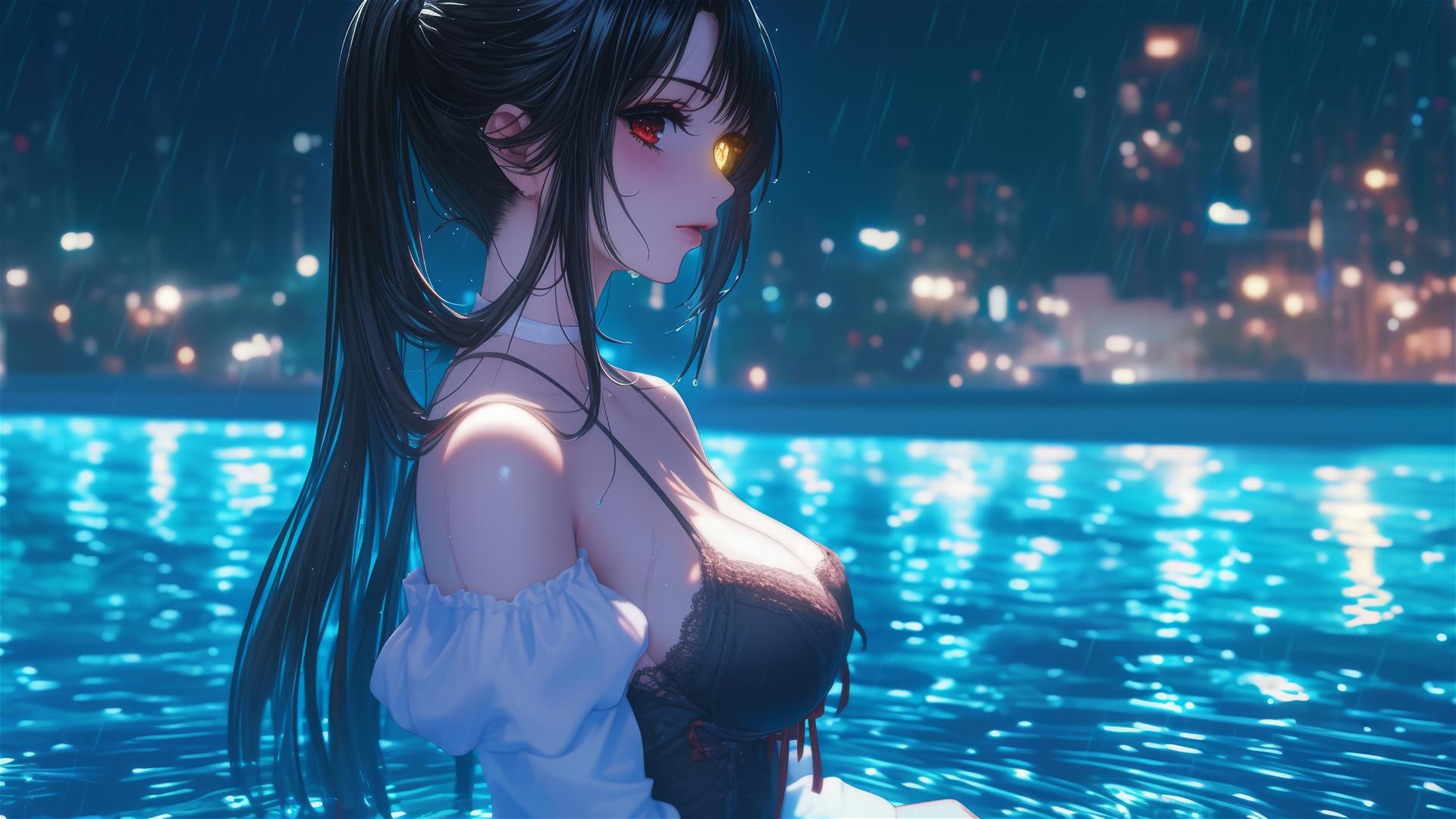 Kurumi Tokisaki standing in rainy pool with moonlit glow, dressed in white.