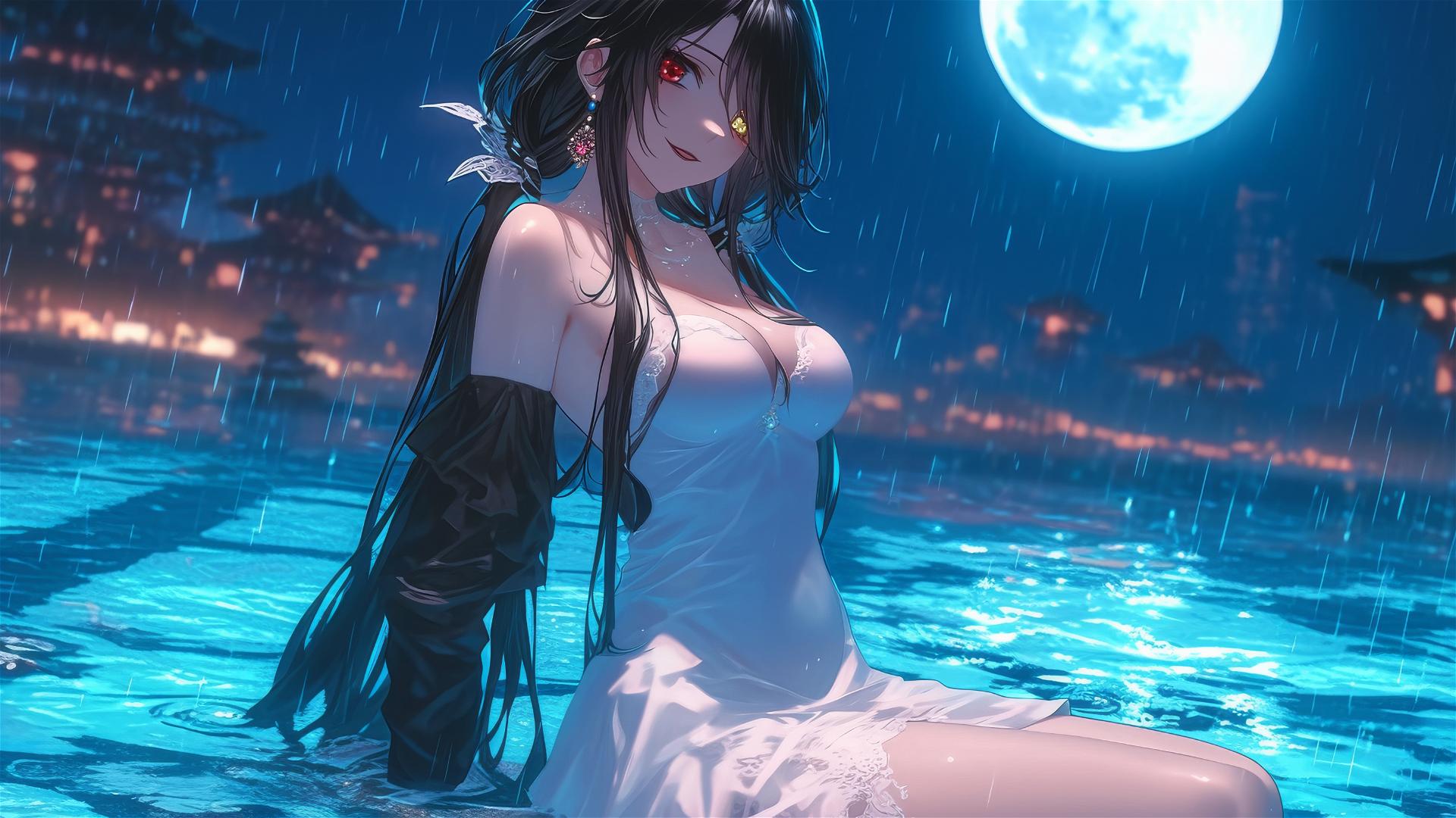 Kurumi Tokisaki standing in a rainy pool, moonlight highlighting her white dress, dual-colored eyes.