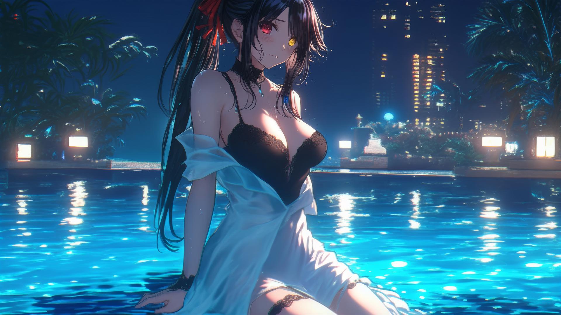 Kurumi Tokisaki with red and yellow eyes in a white dress, standing in a rainy pool, lit by moonlight.