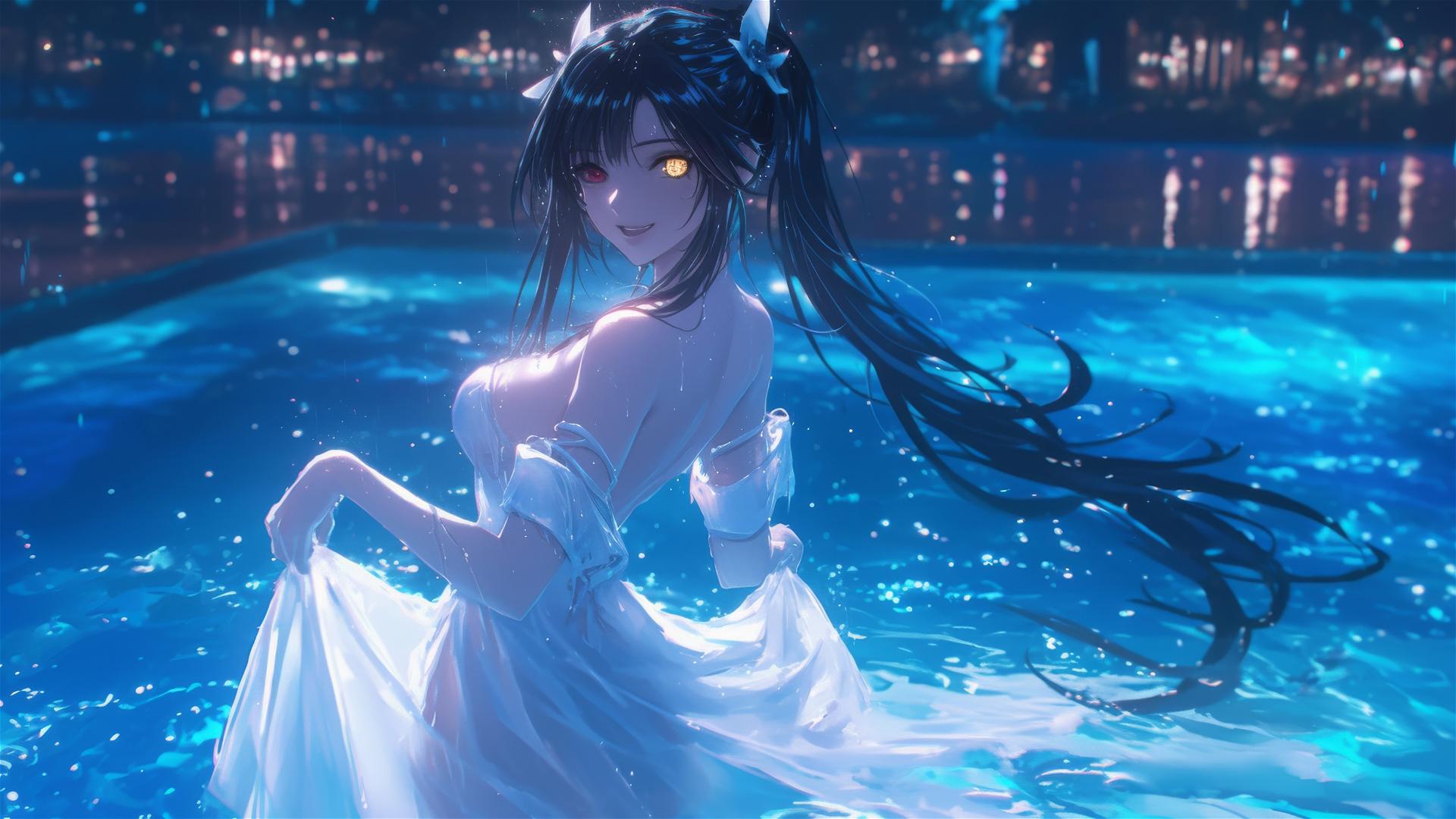Kurumi Tokisaki from Date A Live standing in a rainy pool under moonlight, in a white dress, with one red and one yellow eye.
