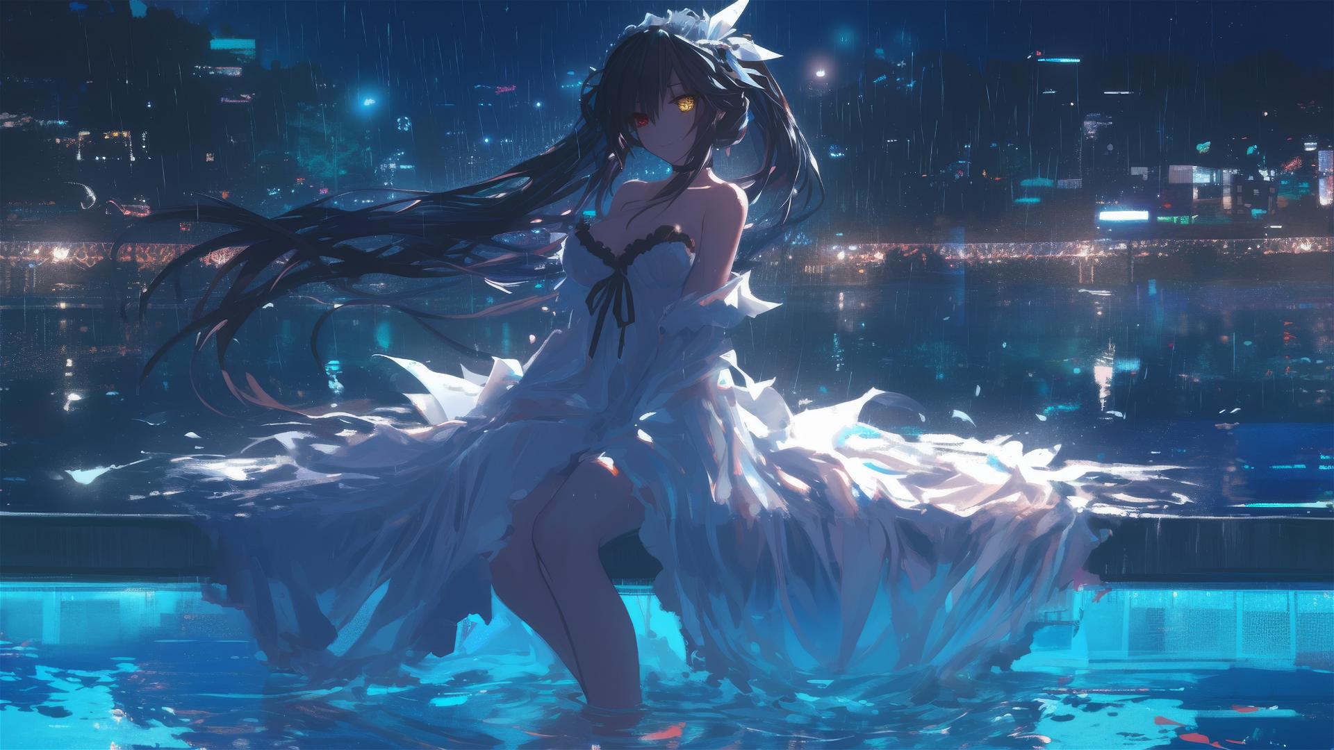 Kurumi Tokisaki with red and yellow eyes standing in a rainy swimming pool under moonlight