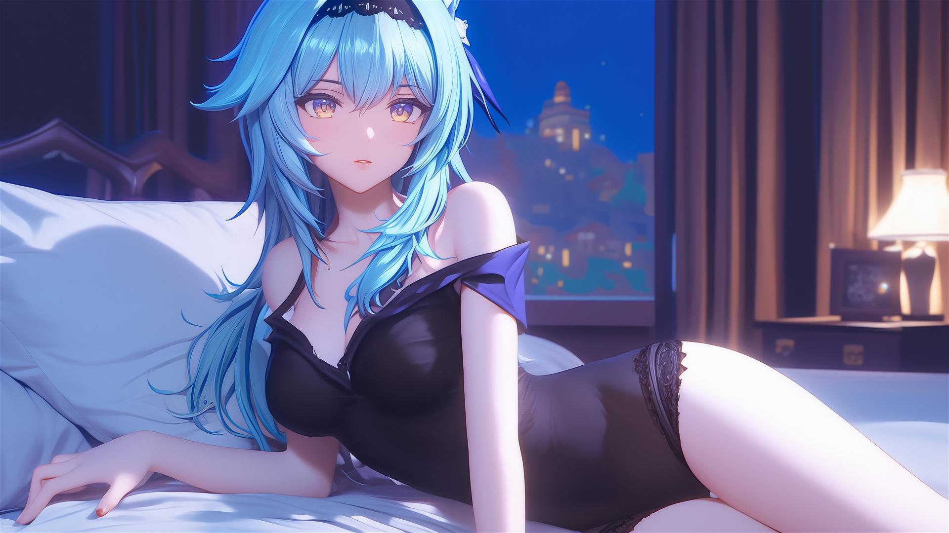 Eula Lawrence resting in a modern hotel room with moonlight casting a soft glow.