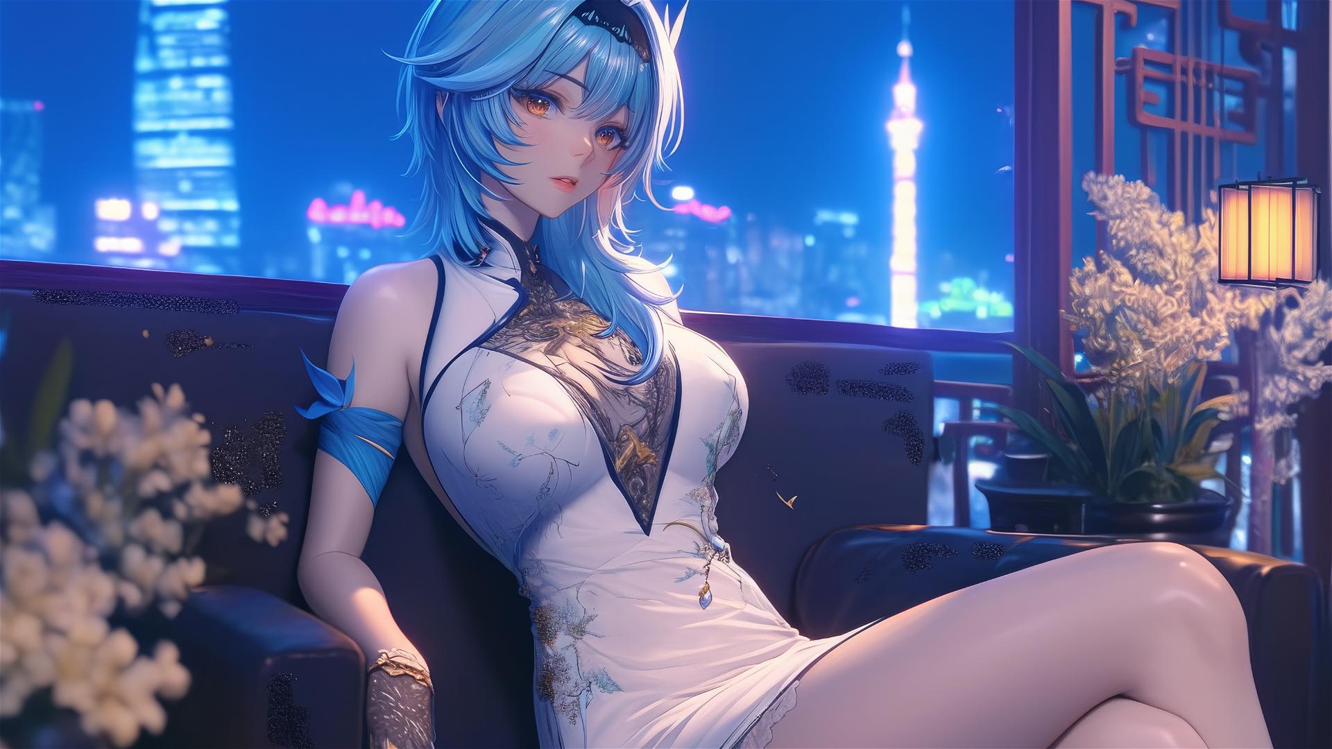 Eula Lawrence from Genshin Impact resting in a hotel room with moonlight glow