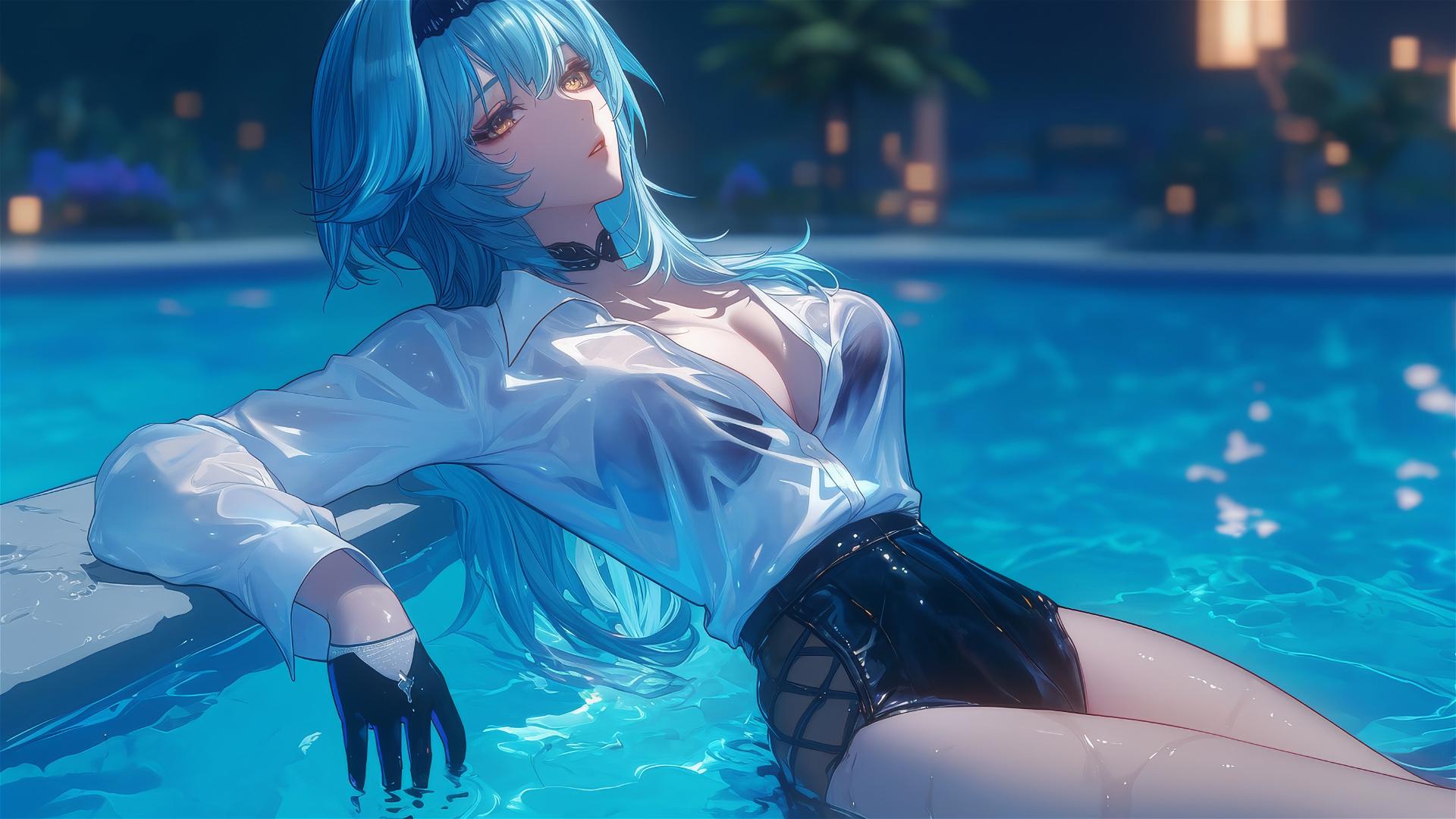 Eula Lawrence in a white office shirt, resting by a rainy swimming pool under moonlight.