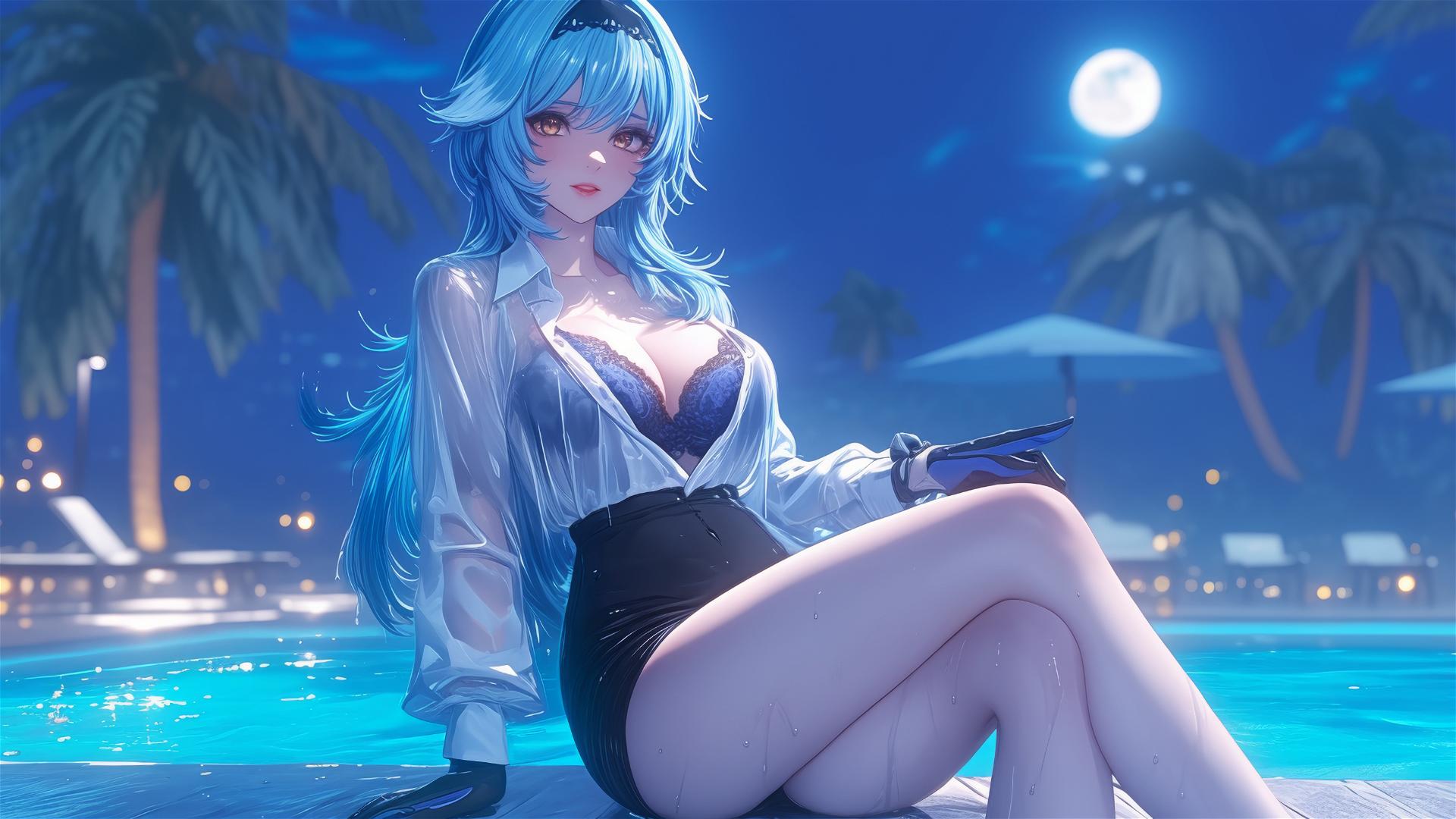 Eula Lawrence in white office shirt at rainy pool with moonlight glow