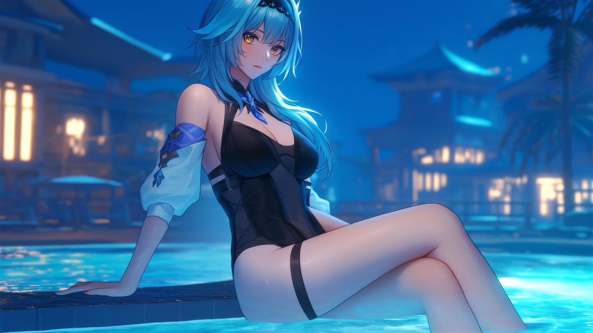 Eula Lawrence from Genshin Impact resting by the pool in moonlight
