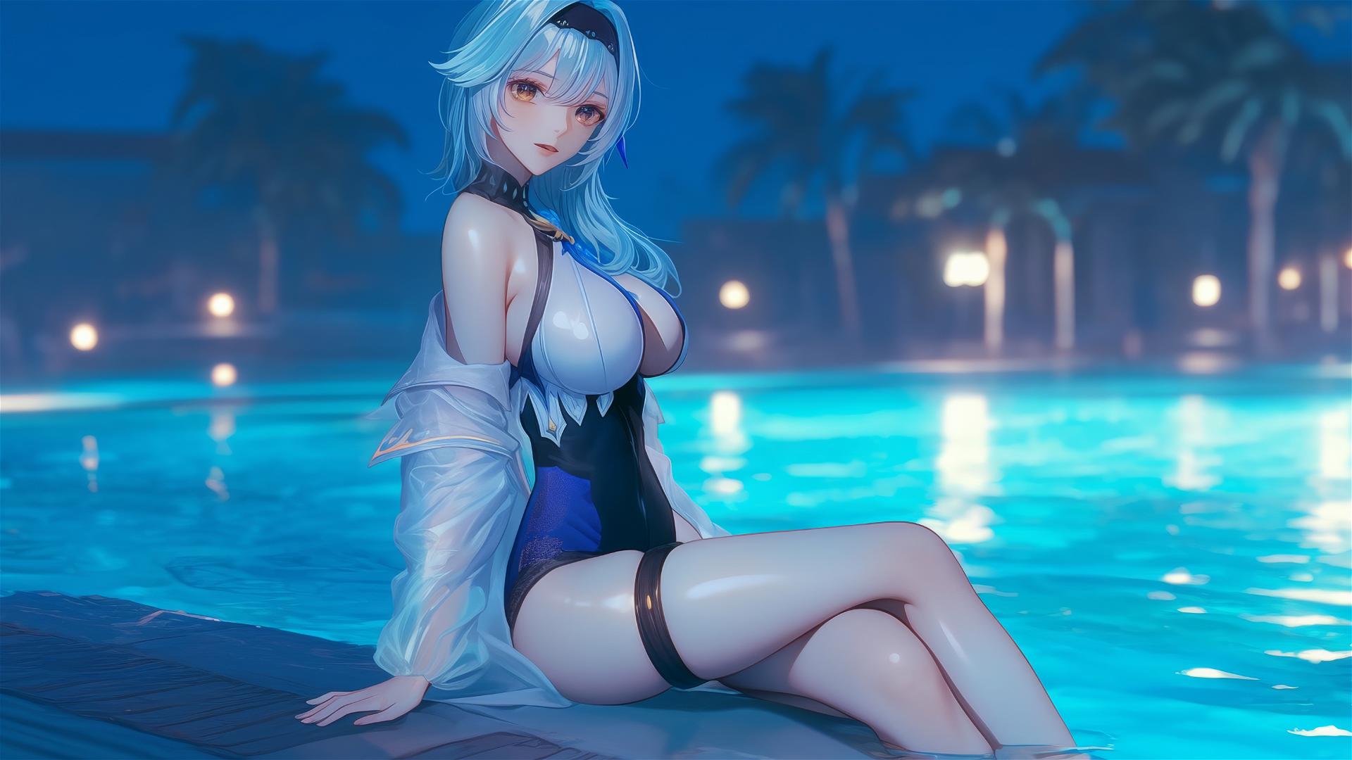 Eula Lawrence resting at pool under moonlight