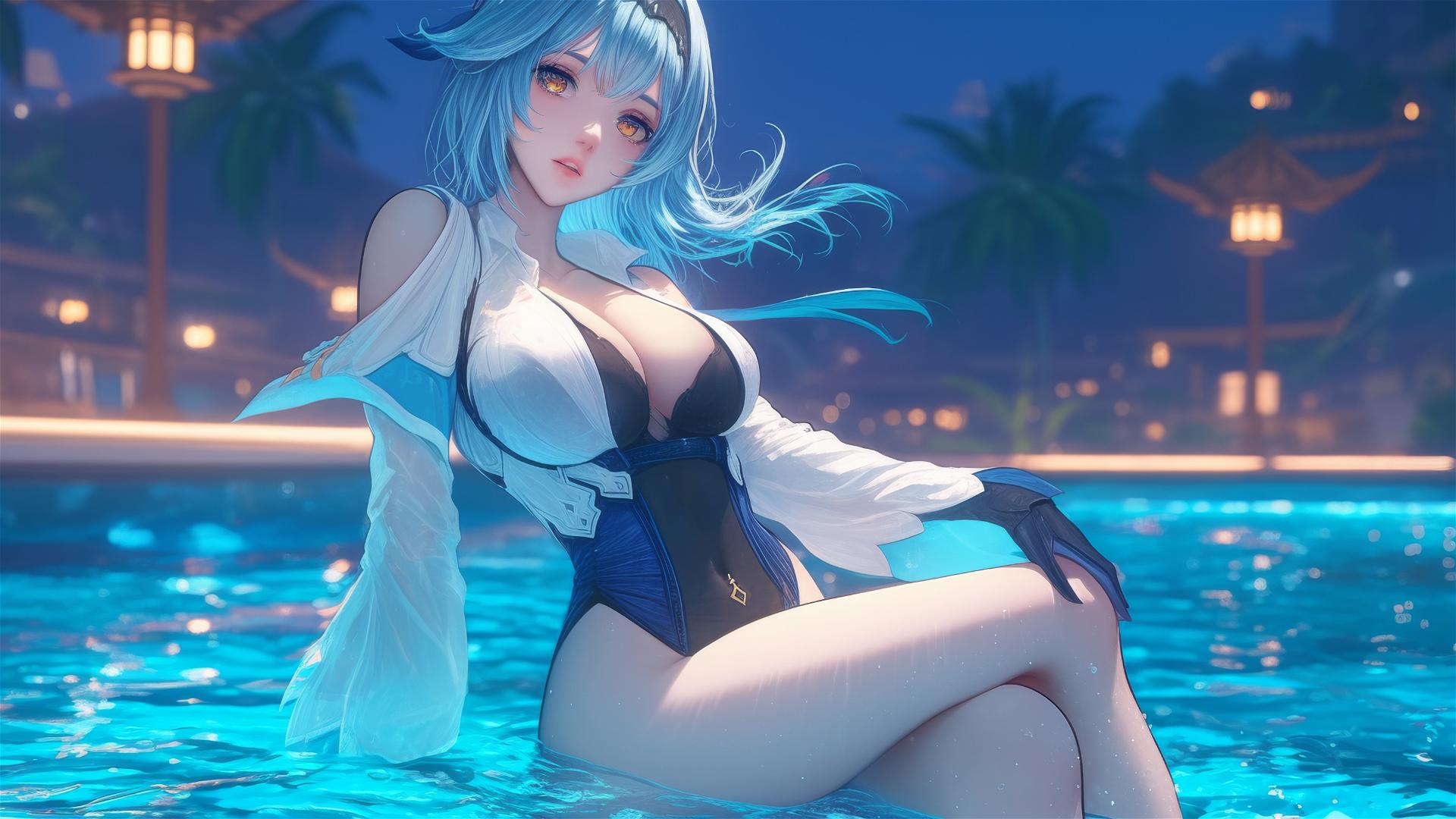 Eula Lawrence from Genshin Impact resting by a moonlit swimming pool with light blue hair.
