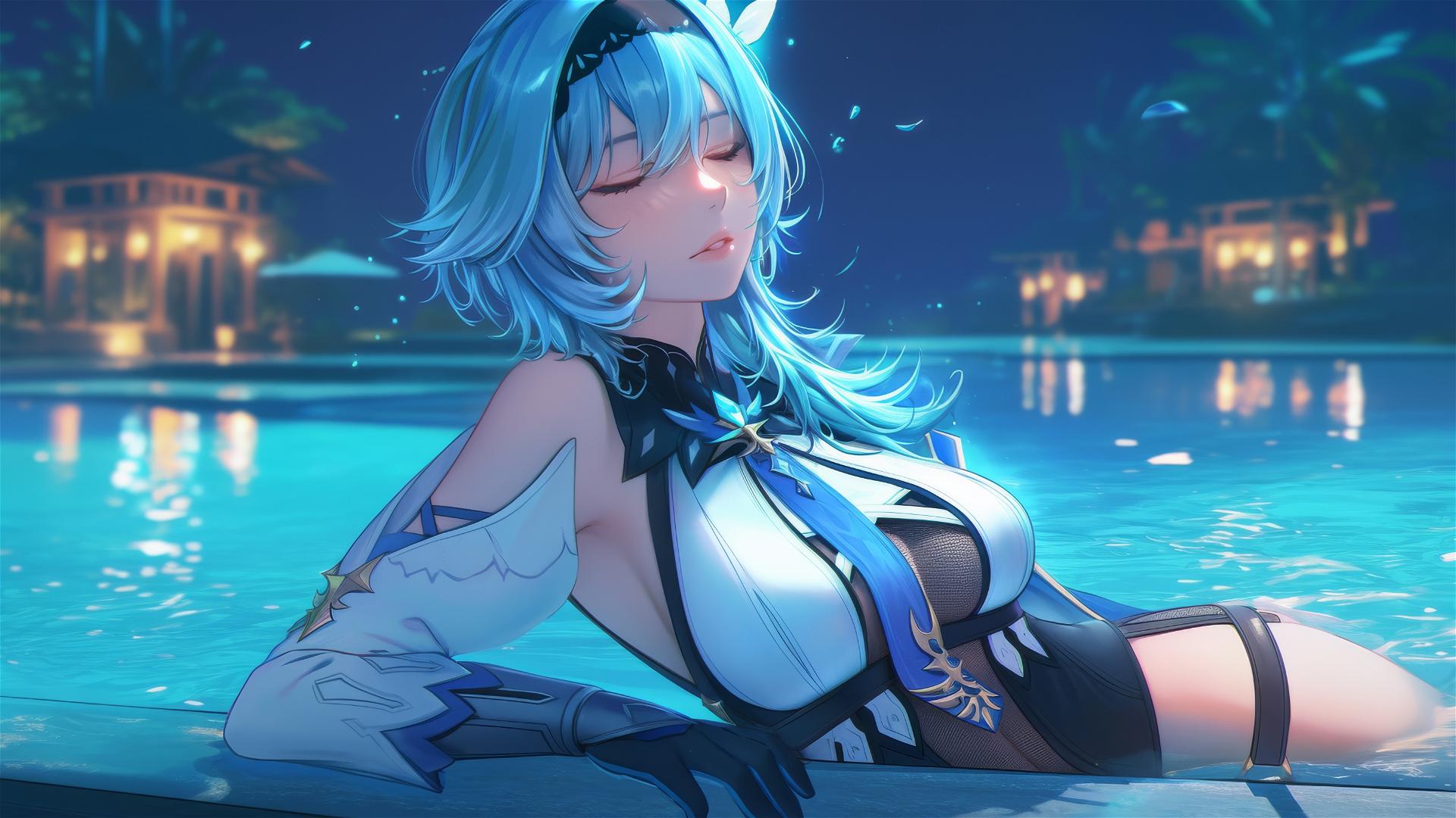 Eula Lawrence from Genshin Impact resting by a swimming pool under moonlight