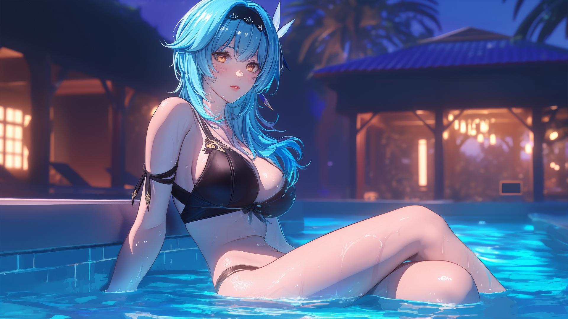 Eula Lawrence resting by a swimming pool under moonlight.