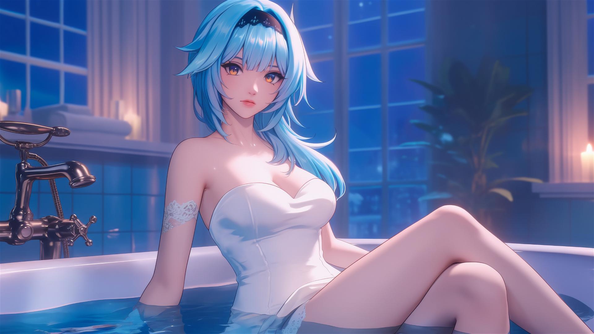 Eula Lawrence resting in a tub under moonlight
