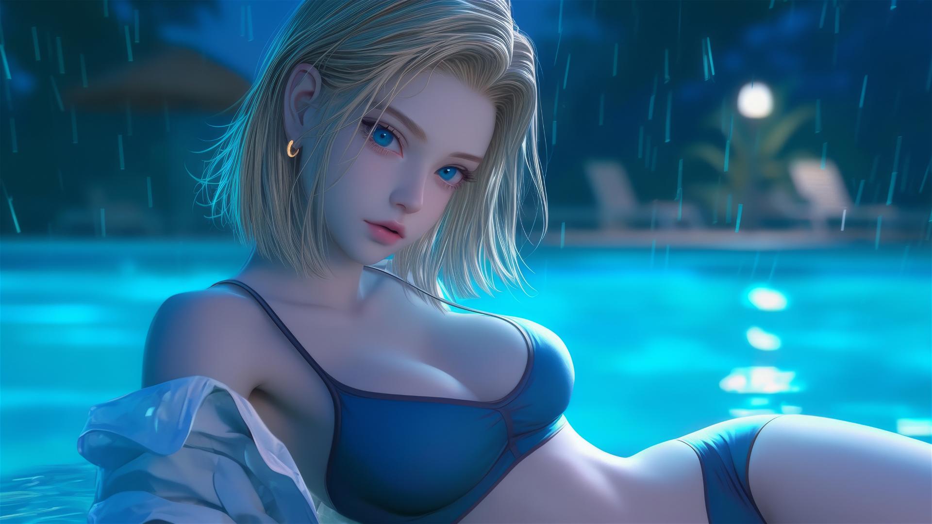Android 18 from Dragon Ball resting by a rainy swimming pool under moonlight.