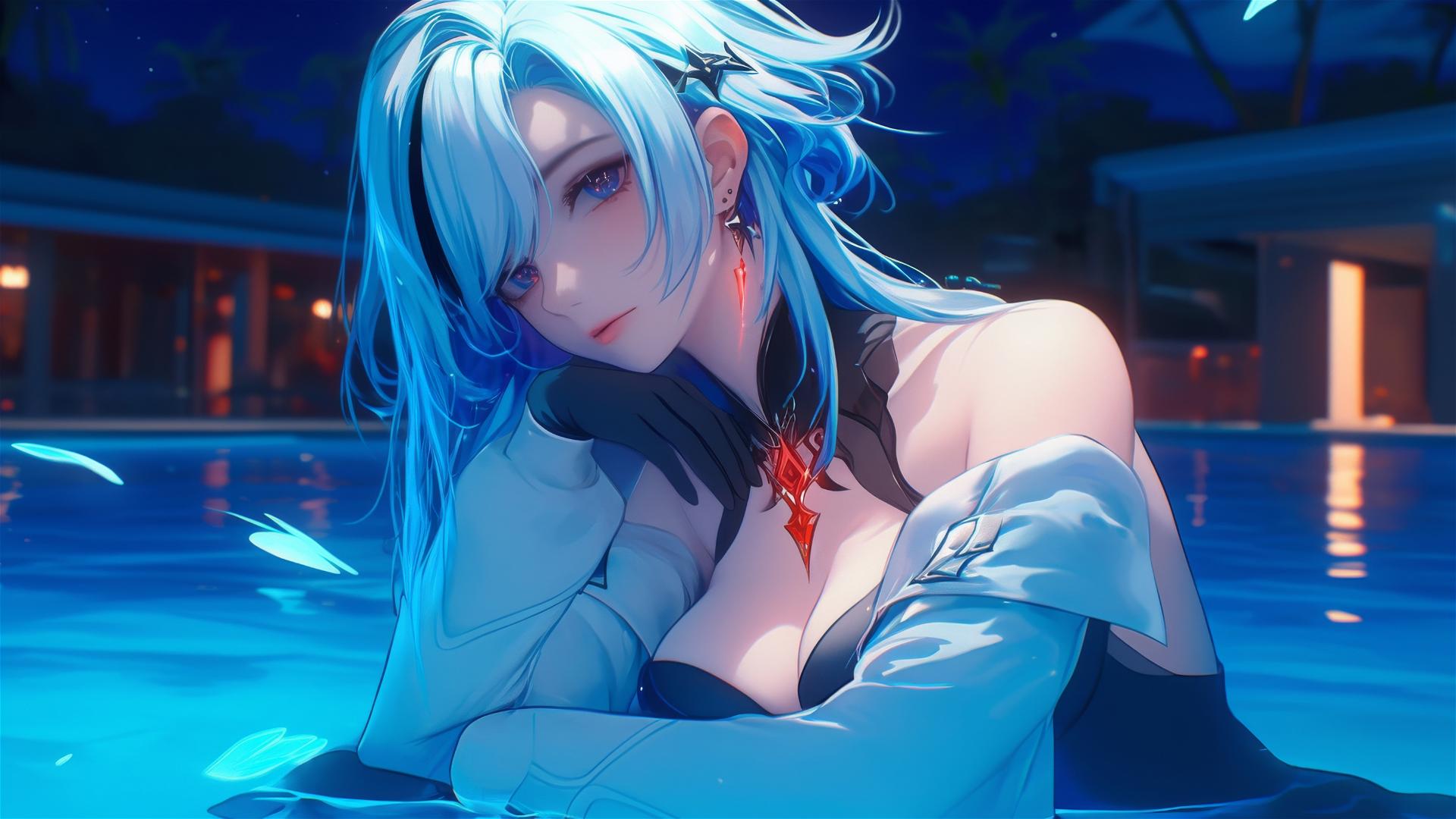 Arlecchino with white hair and red 'x'-shaped pupil, resting at a moonlit pool.