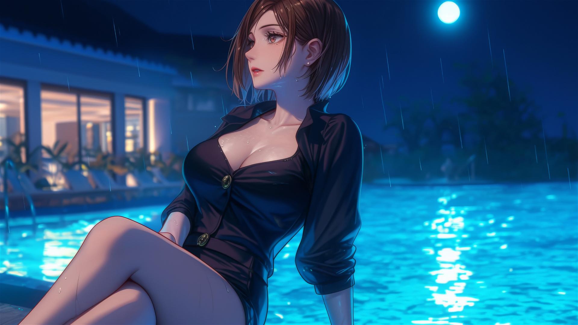 Nobara Kugisaki from Jujutsu Kaisen resting by a rainy swimming pool at night