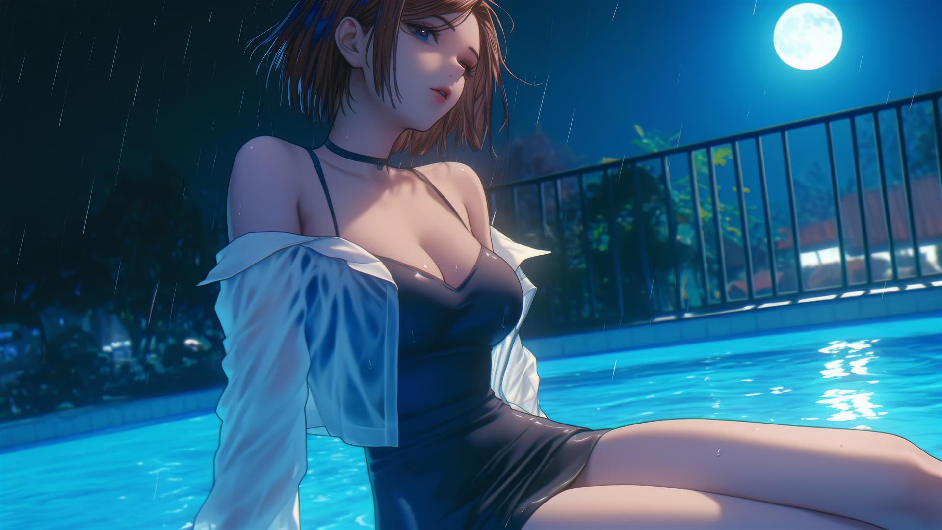 Nobara Kugisaki from Jujutsu Kaisen resting by a rainy swimming pool in moonlight.