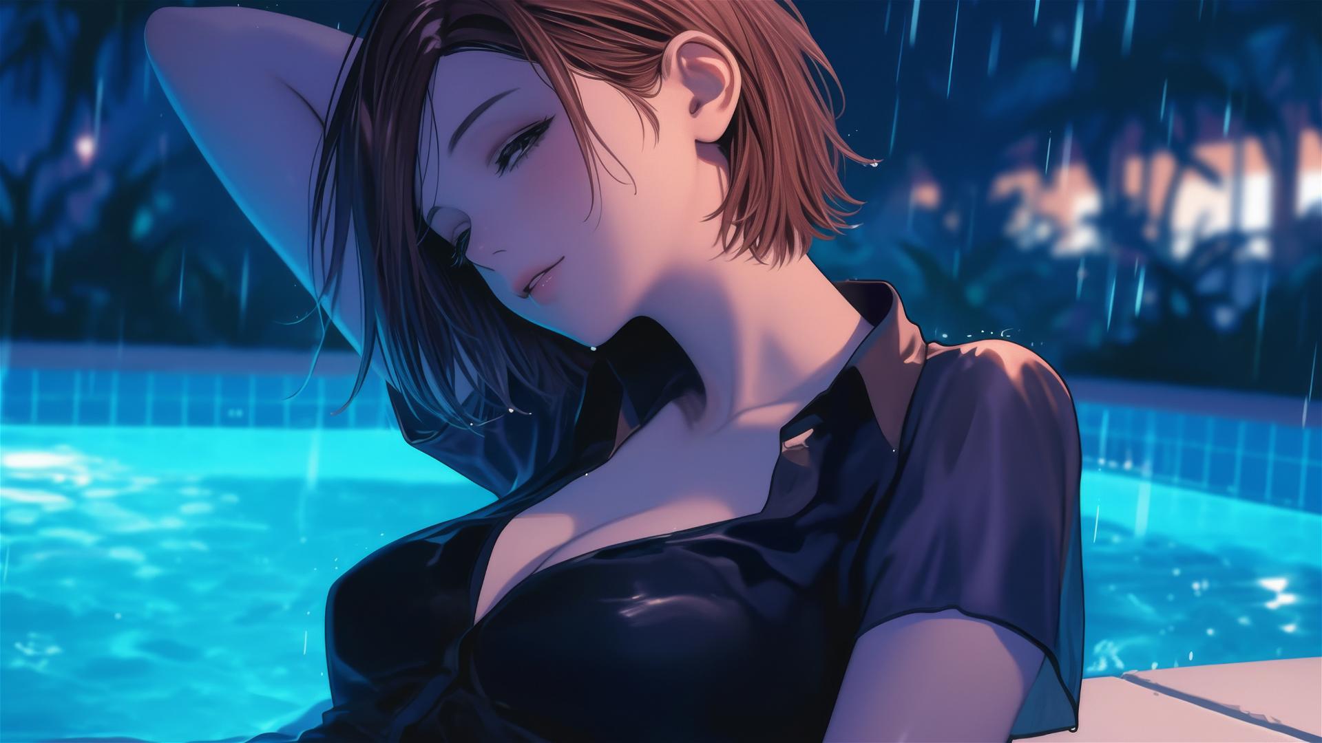 Nobara Kugisaki from Jujutsu Kaisen resting by a rainy pool under moonlight