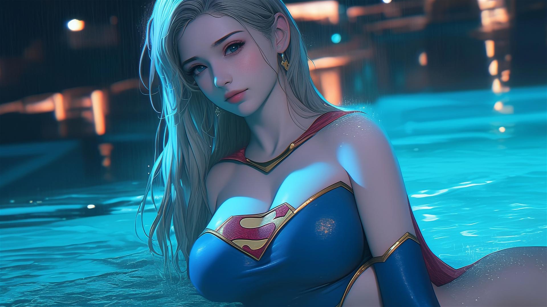 Superwoman leisurely resting at a rainy swimming pool with moonlight glow