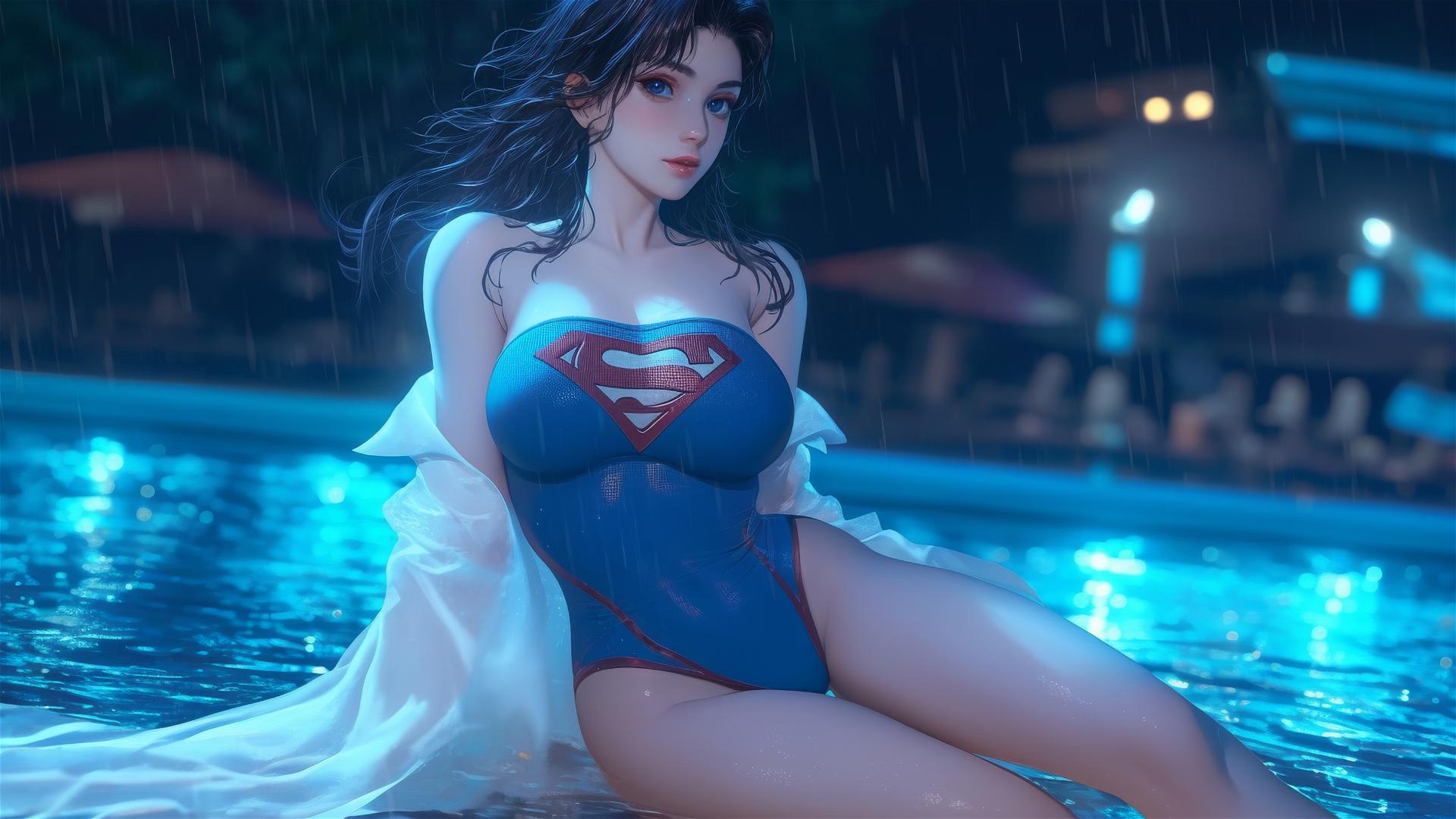 Superwoman leisurely resting at rainy swimming pool under moonlight