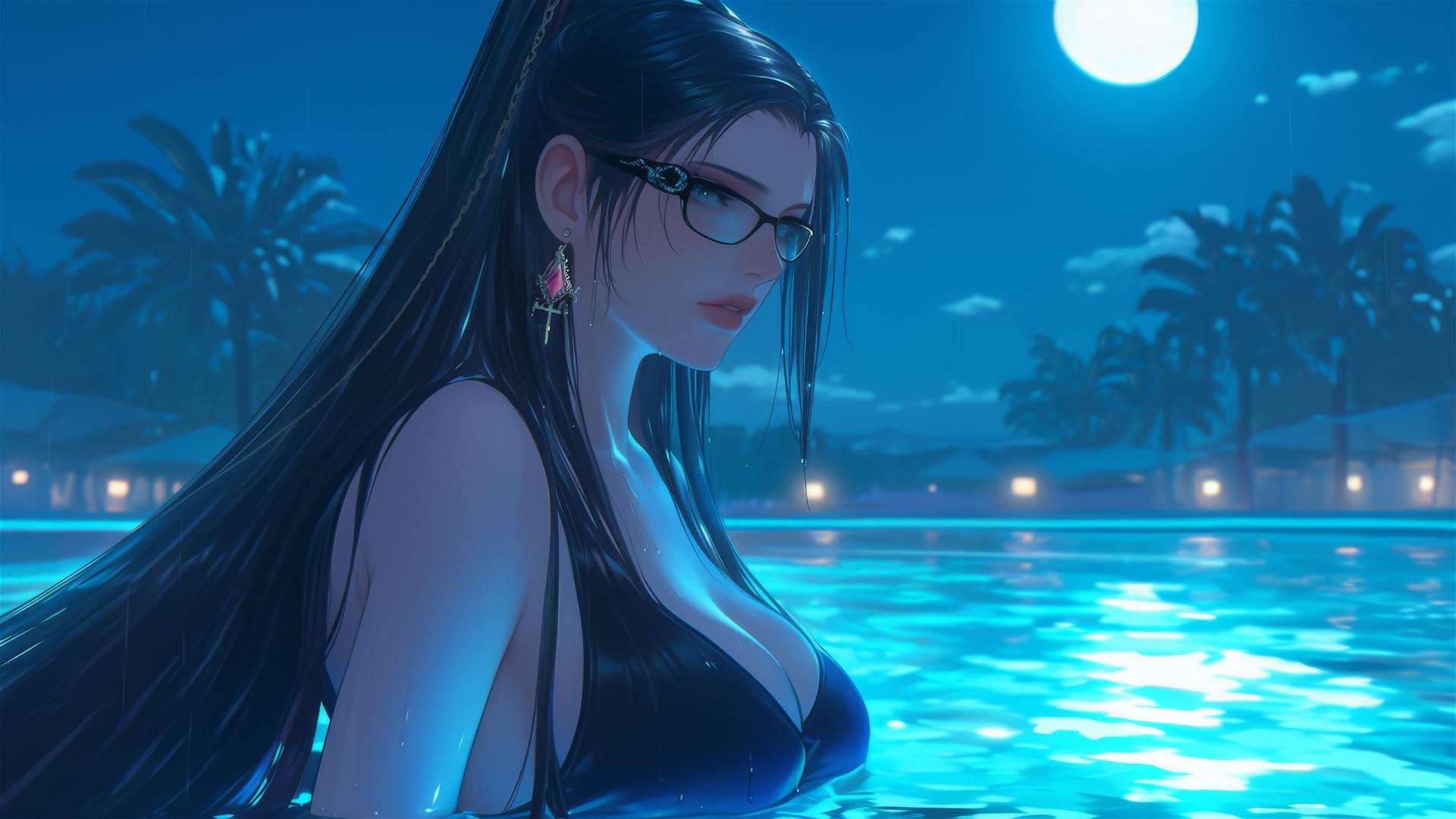 Bayonetta resting at a rainy swimming pool under moonlight