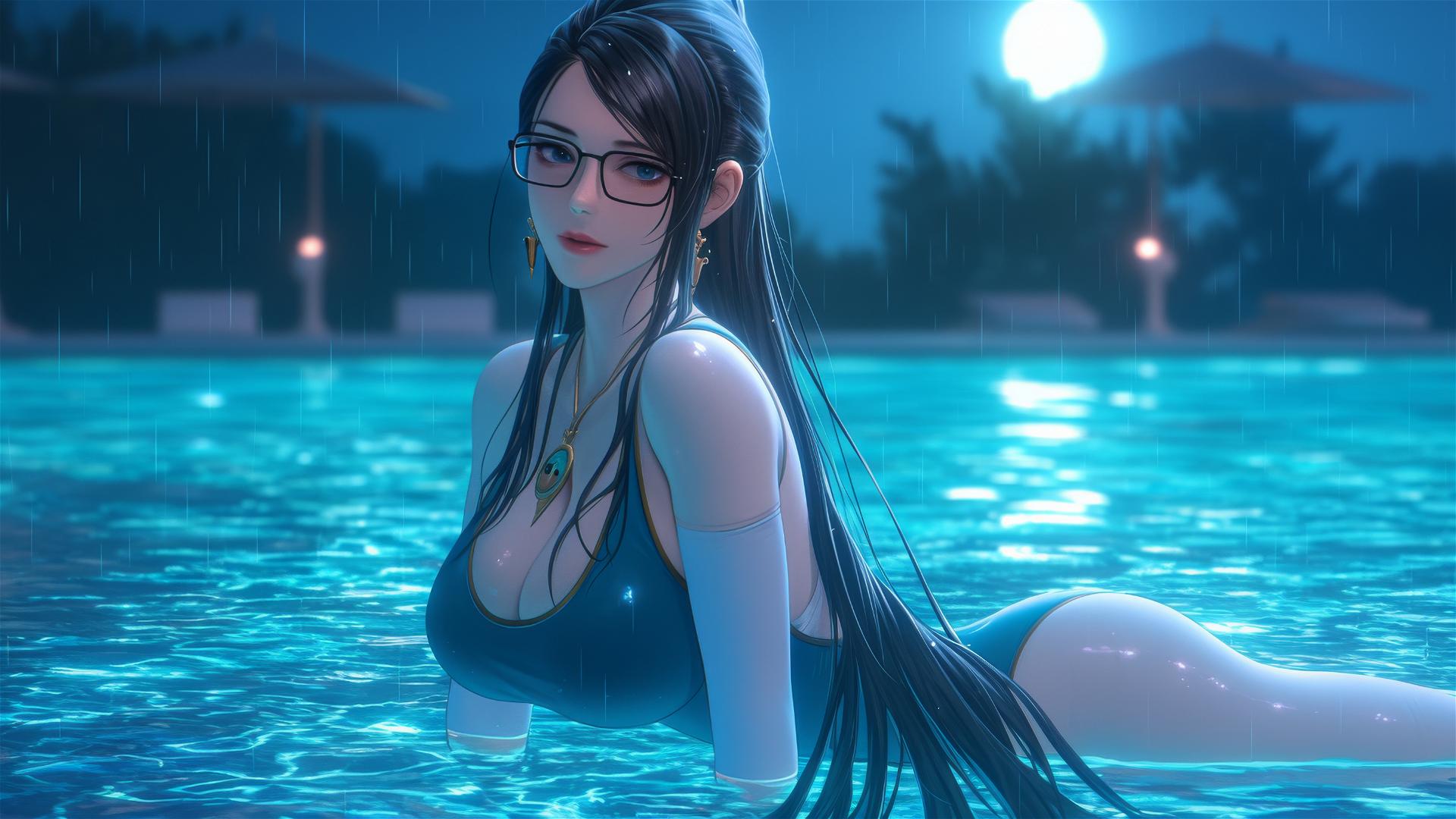 Bayonetta resting at a rainy swimming pool under moonlight.