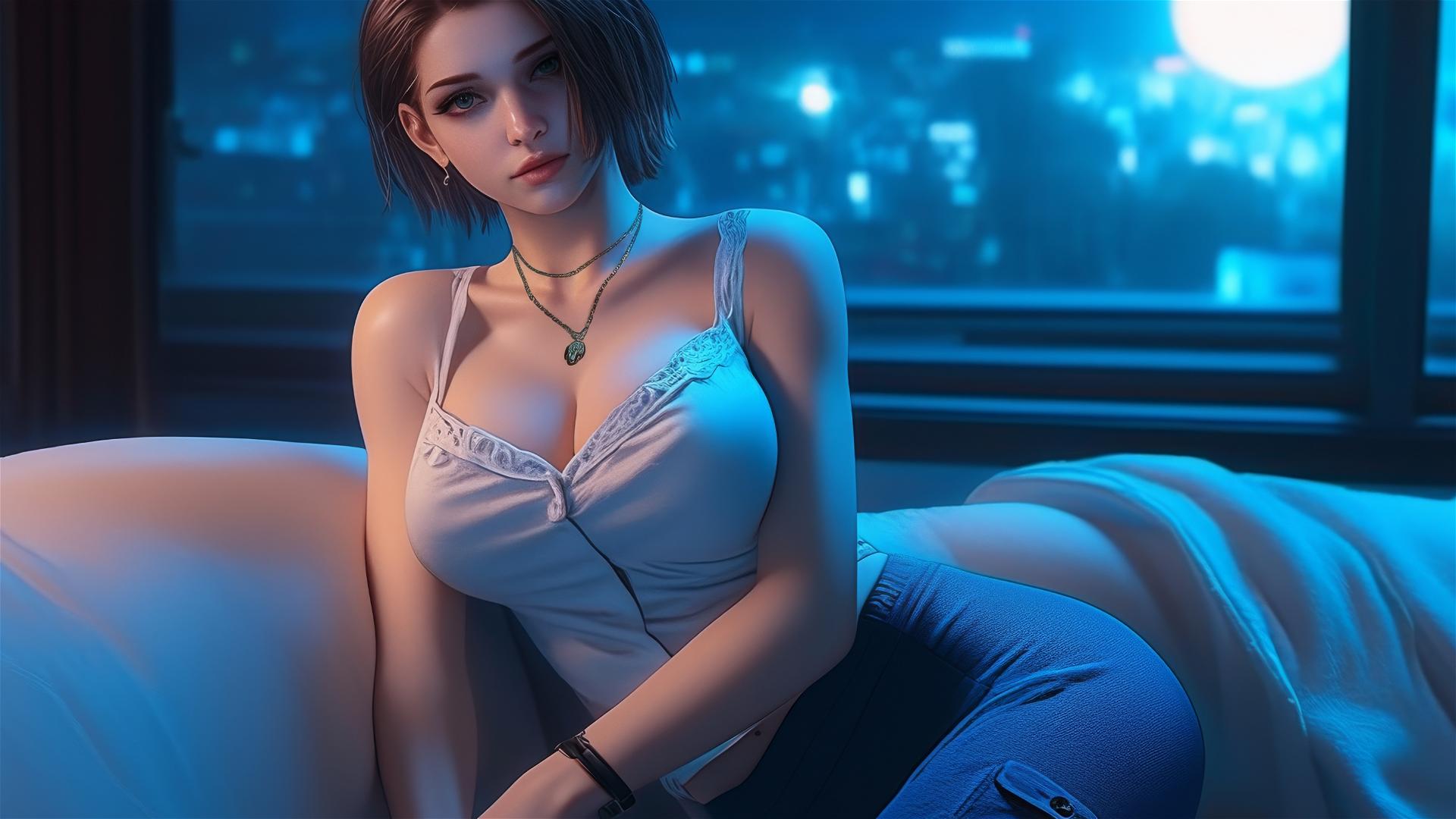 Jill Valentine in white pajamas resting in a moonlit modern hotel room