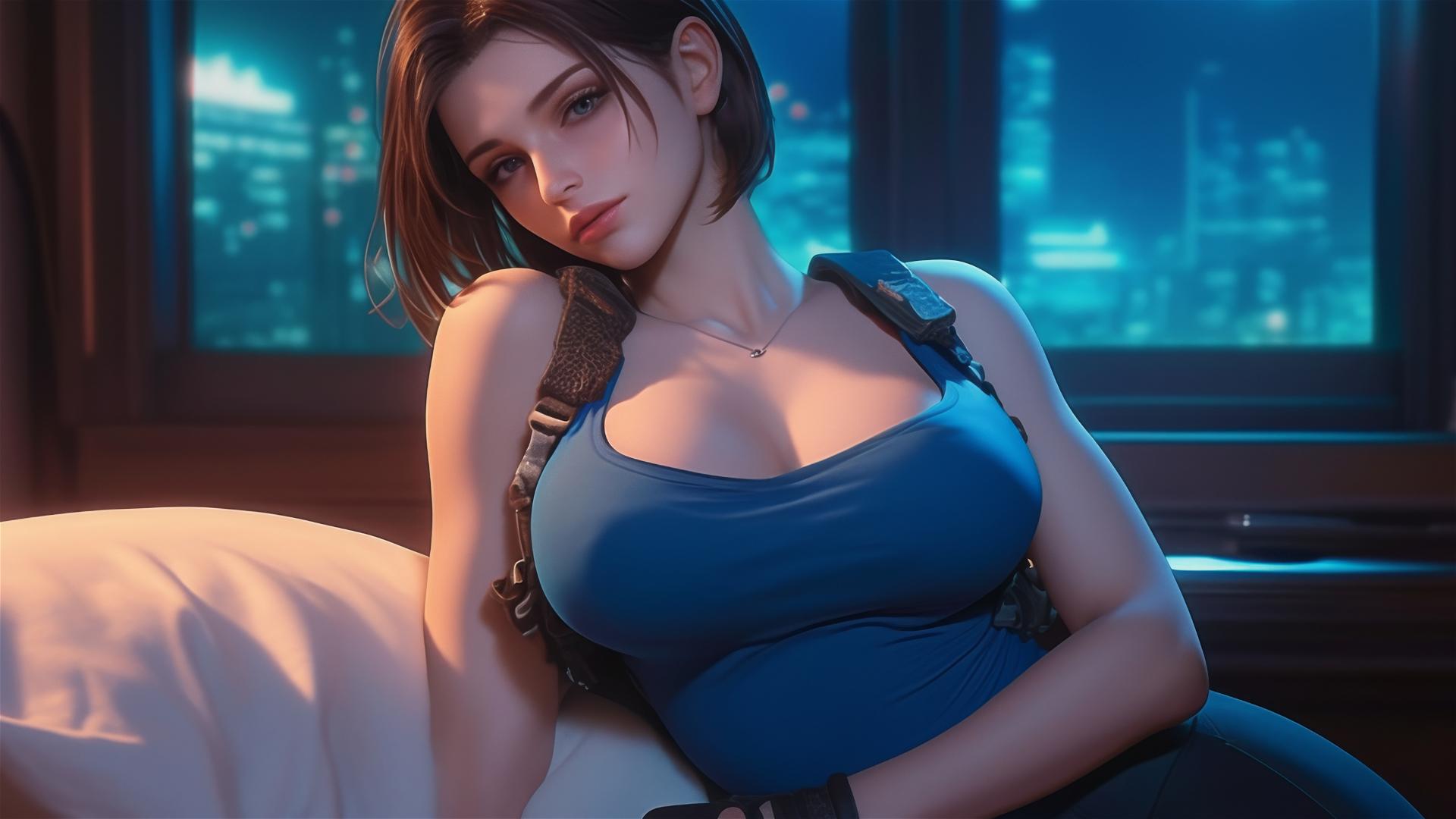 Jill Valentine resting in a modern hotel room with moonlight glow