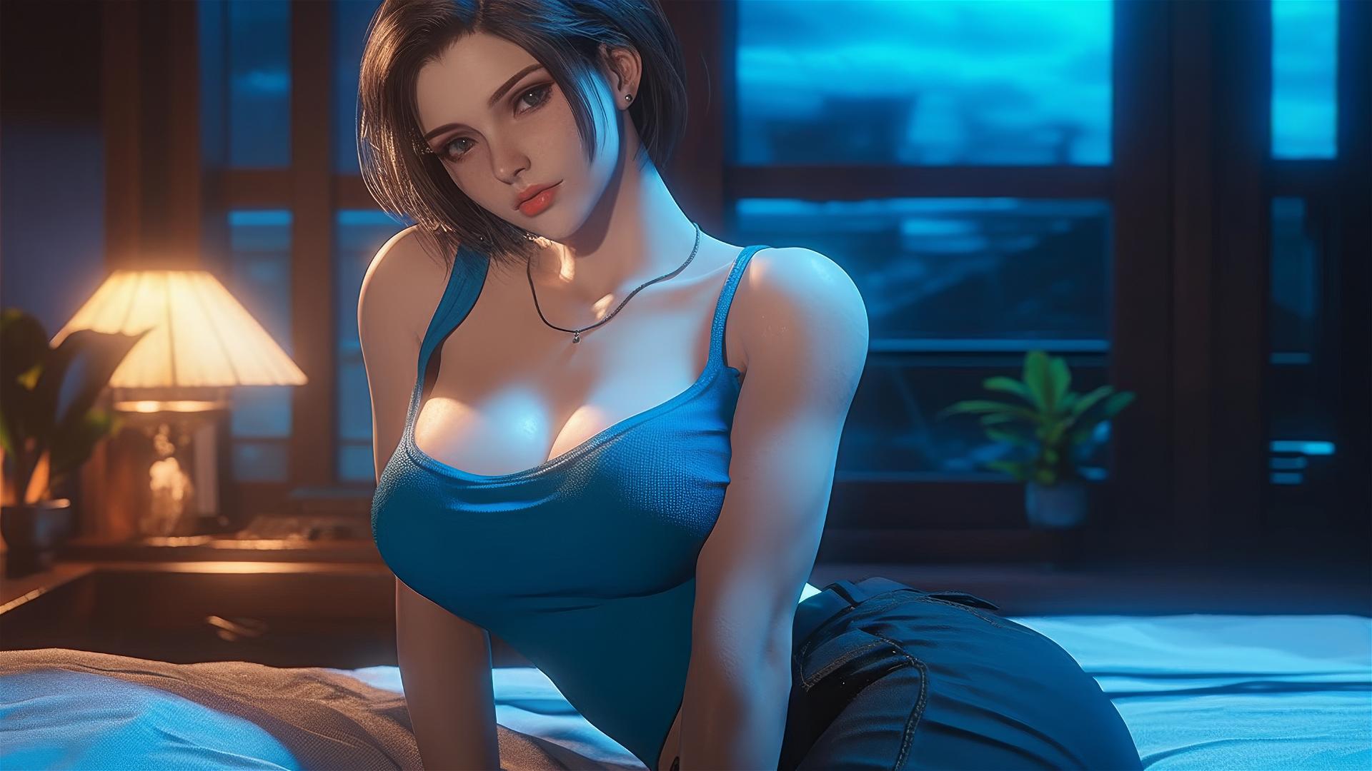 Jill Valentine resting in a modern hotel room illuminated by moonlight
