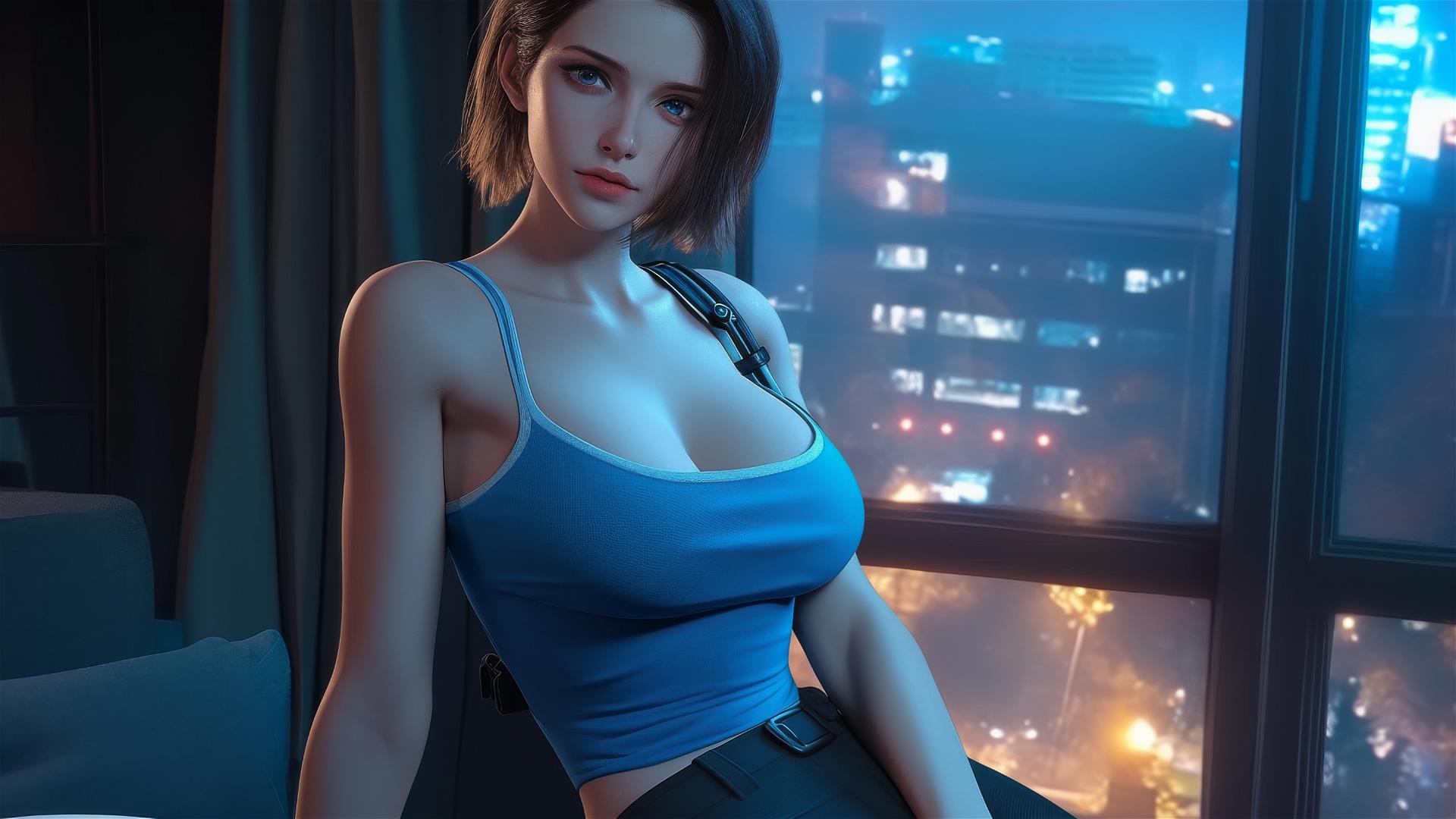 Jill Valentine resting in a modern hotel room, moonlight casting a soft glow