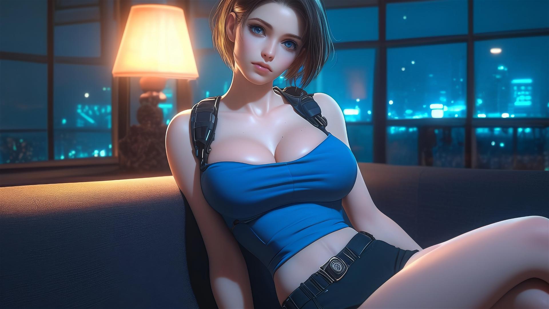 Jill Valentine from Resident Evil resting in a modern hotel room with moonlight