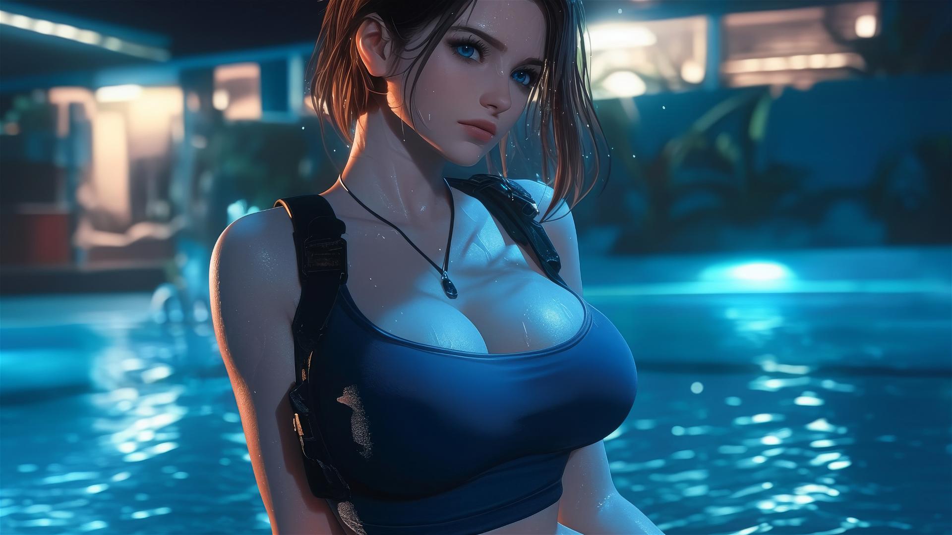 Jill Valentine from Resident Evil panting heavily, drenched in sweat, by a swimming pool under moonlight