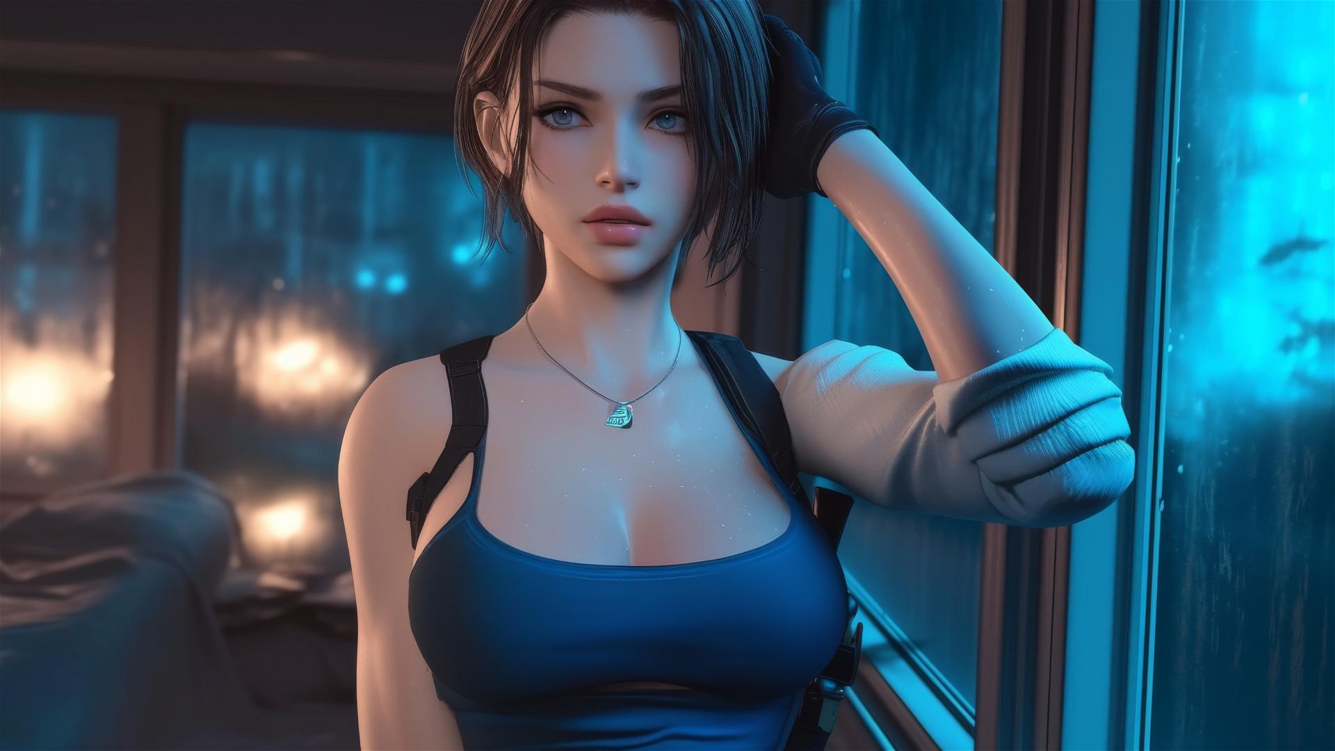 Jill Valentine exhausted in modern hotel room with moonlight glow
