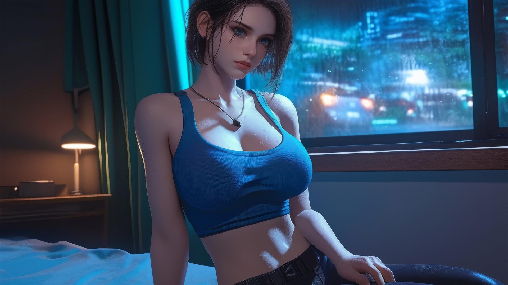 Jill Valentine panting heavily in a modern hotel room with moonlight