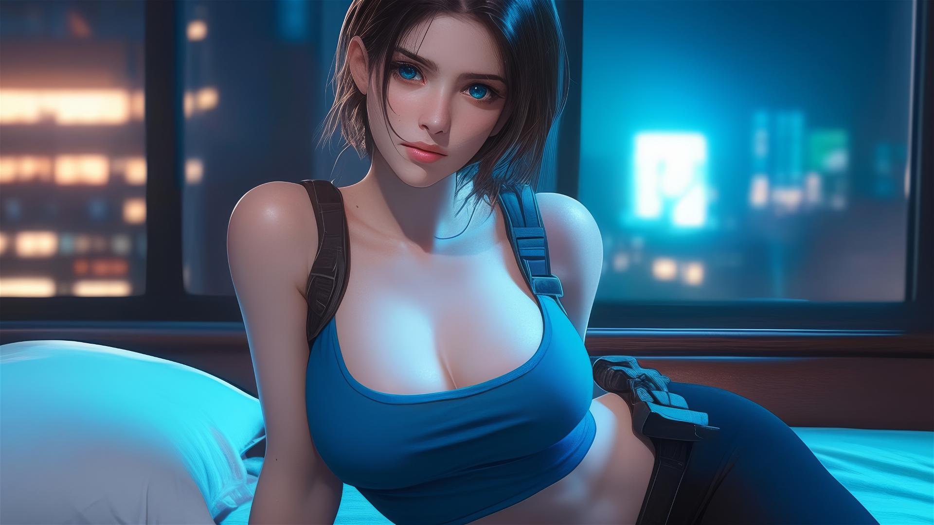 Jill Valentine panting heavily, drenched in sweat, exhausted in a modern hotel room with moonlight glow