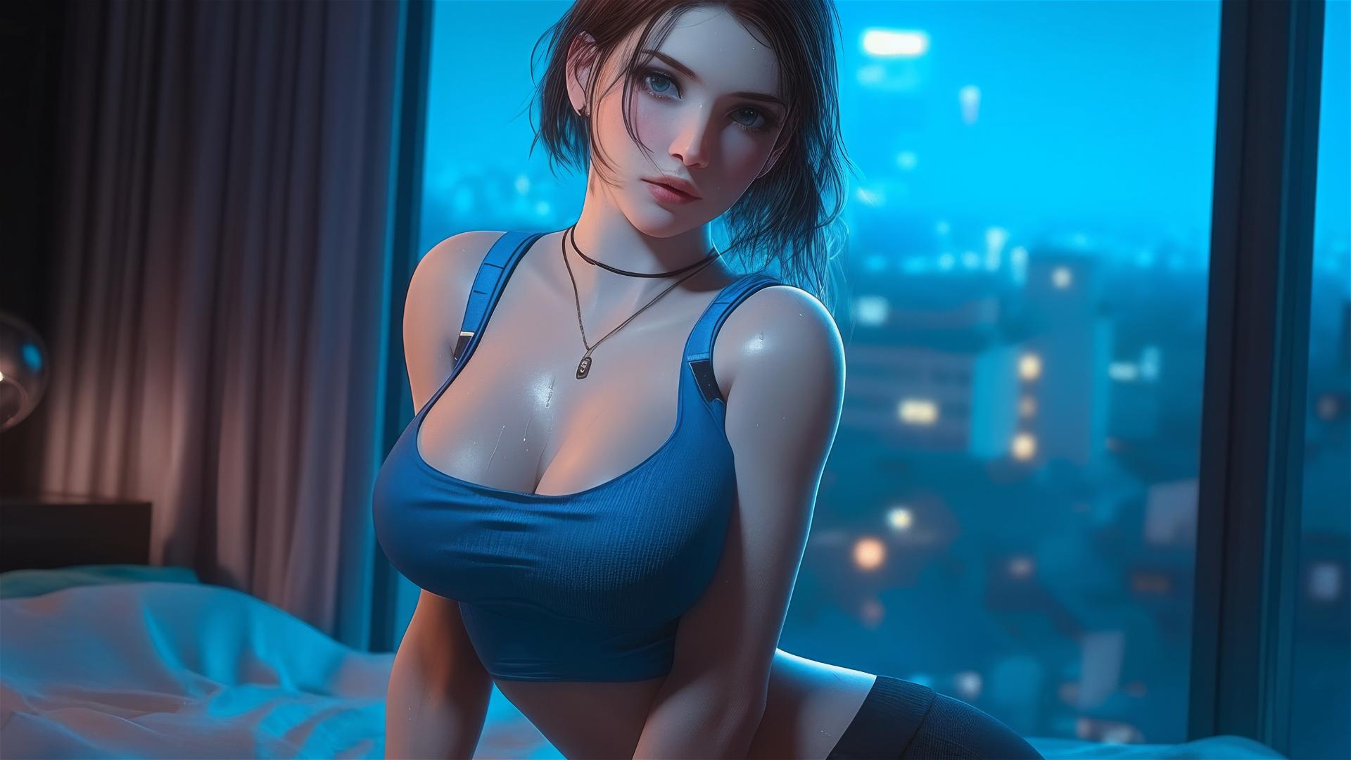 Jill Valentine, exhausted and drenched in sweat, panting in a modern hotel room under moonlight.