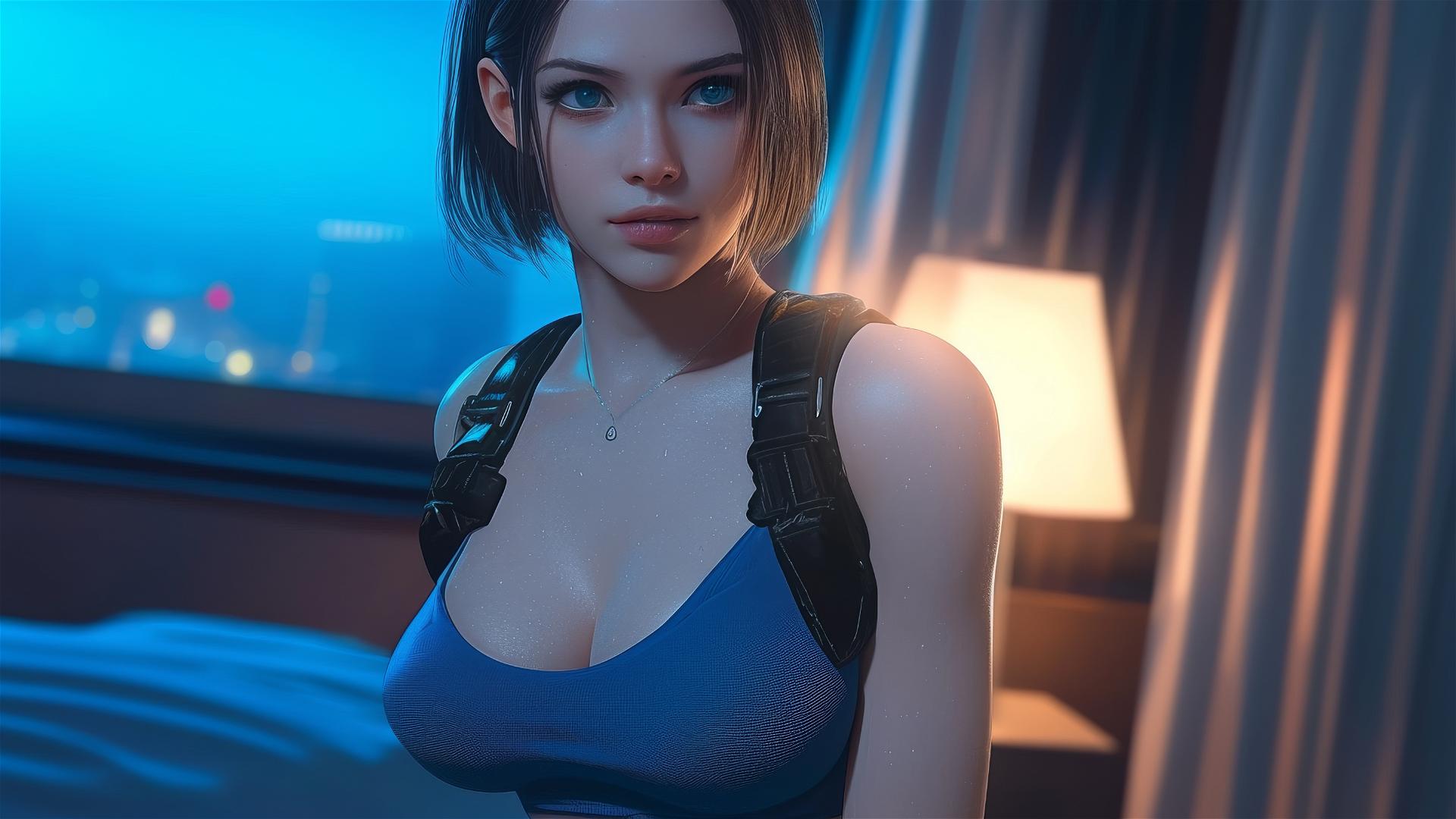 Jill Valentine exhausted in modern hotel room under moonlight
