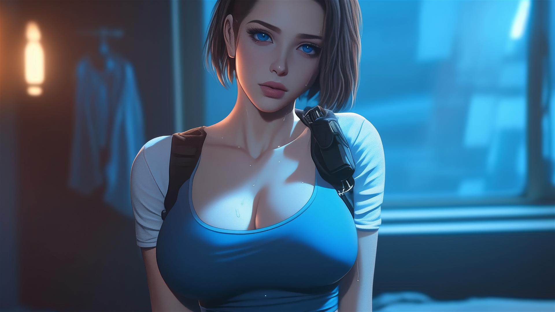 Jill Valentine exhausted in a modern hotel room with moonlight glow