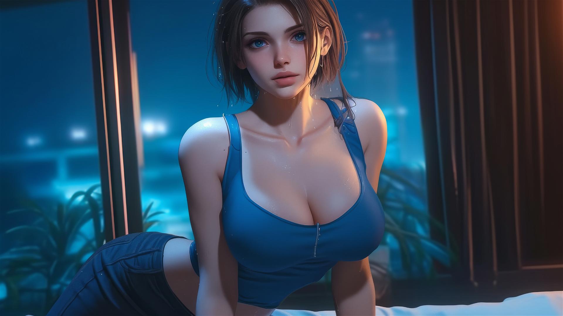 Jill Valentine resting in a modern hotel room with moonlight glow