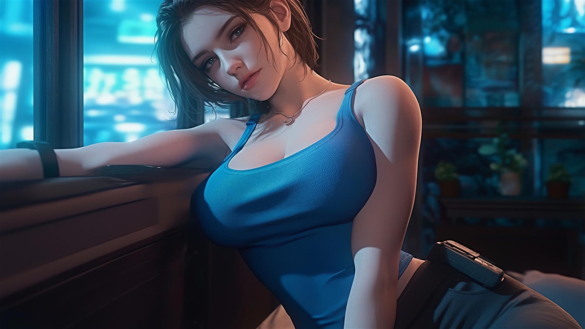 Jill Valentine resting in a modern hotel room under moonlight.