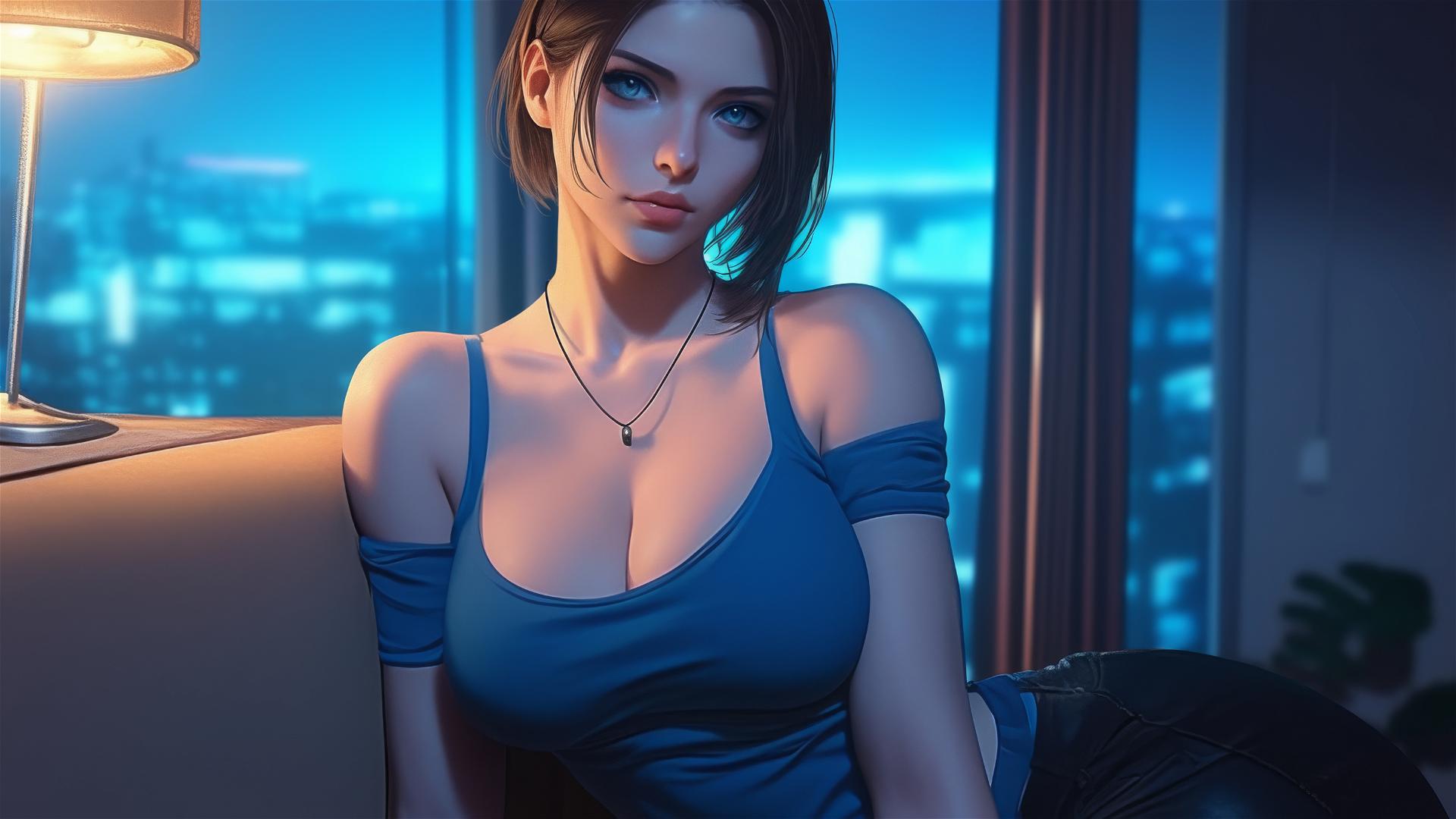 Jill Valentine in a hotel room under moonlight