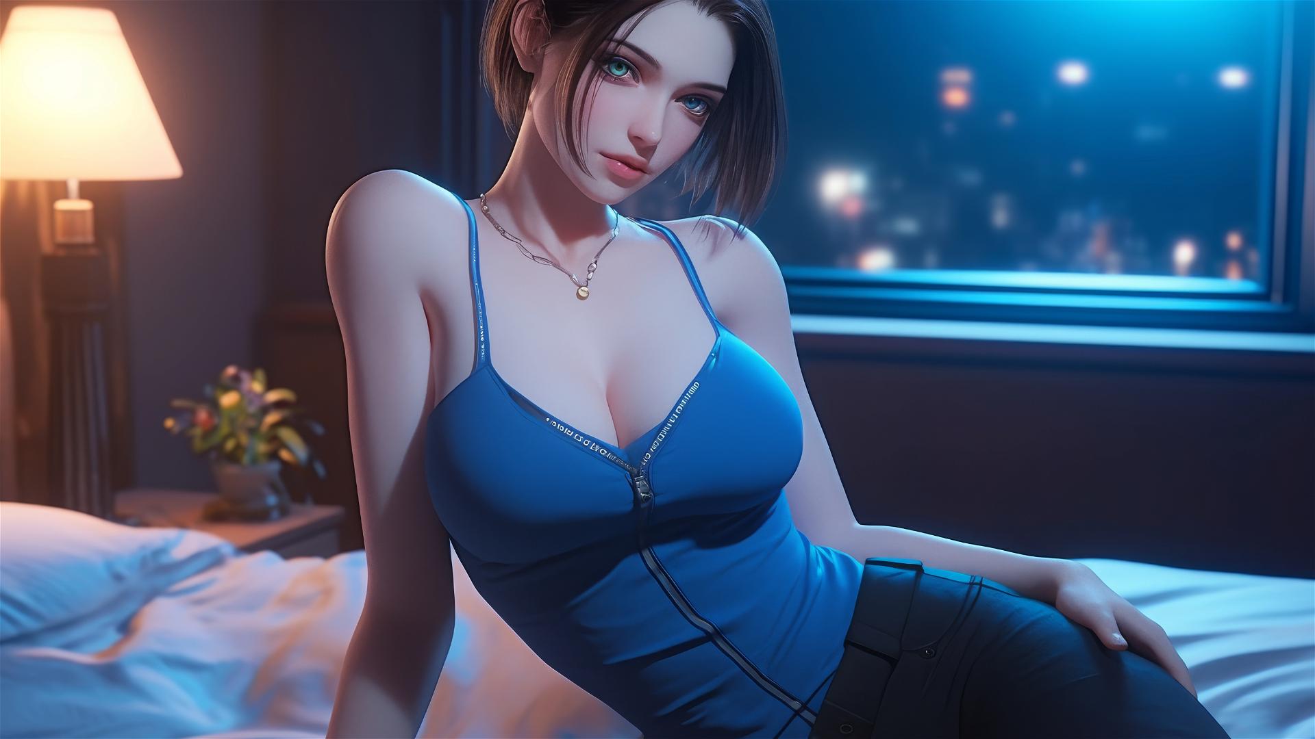 Jill Valentine resting in hotel room with moonlight glow