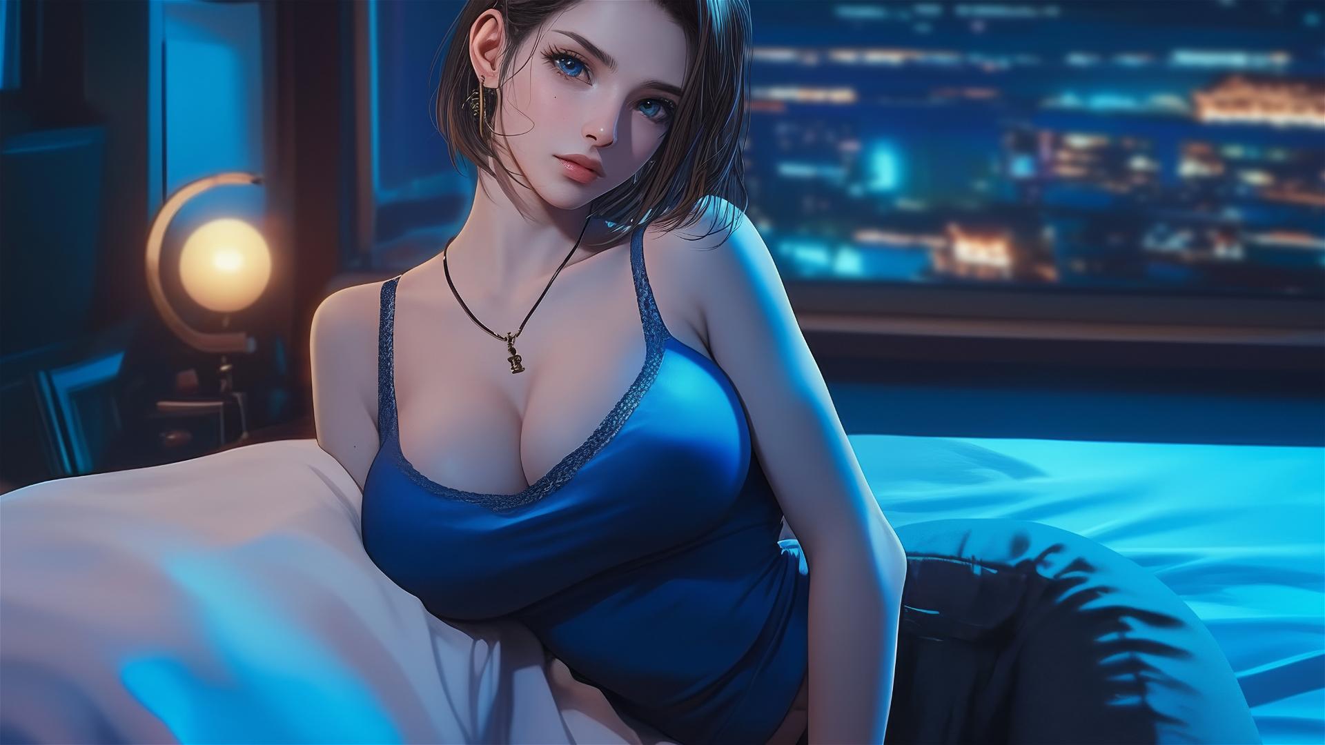 Jill Valentine relaxing in a modern hotel room with moonlight glow