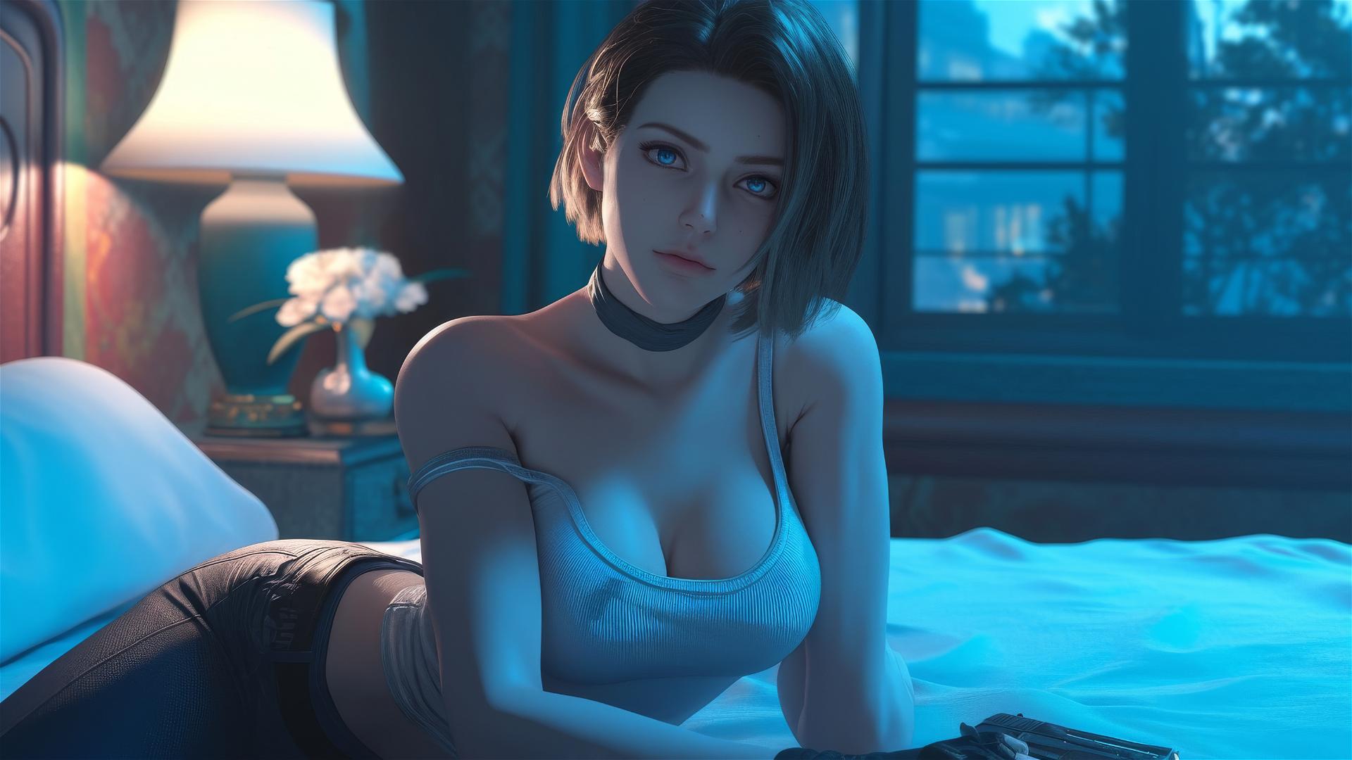 Jill Valentine resting in modern hotel room with moonlight glow