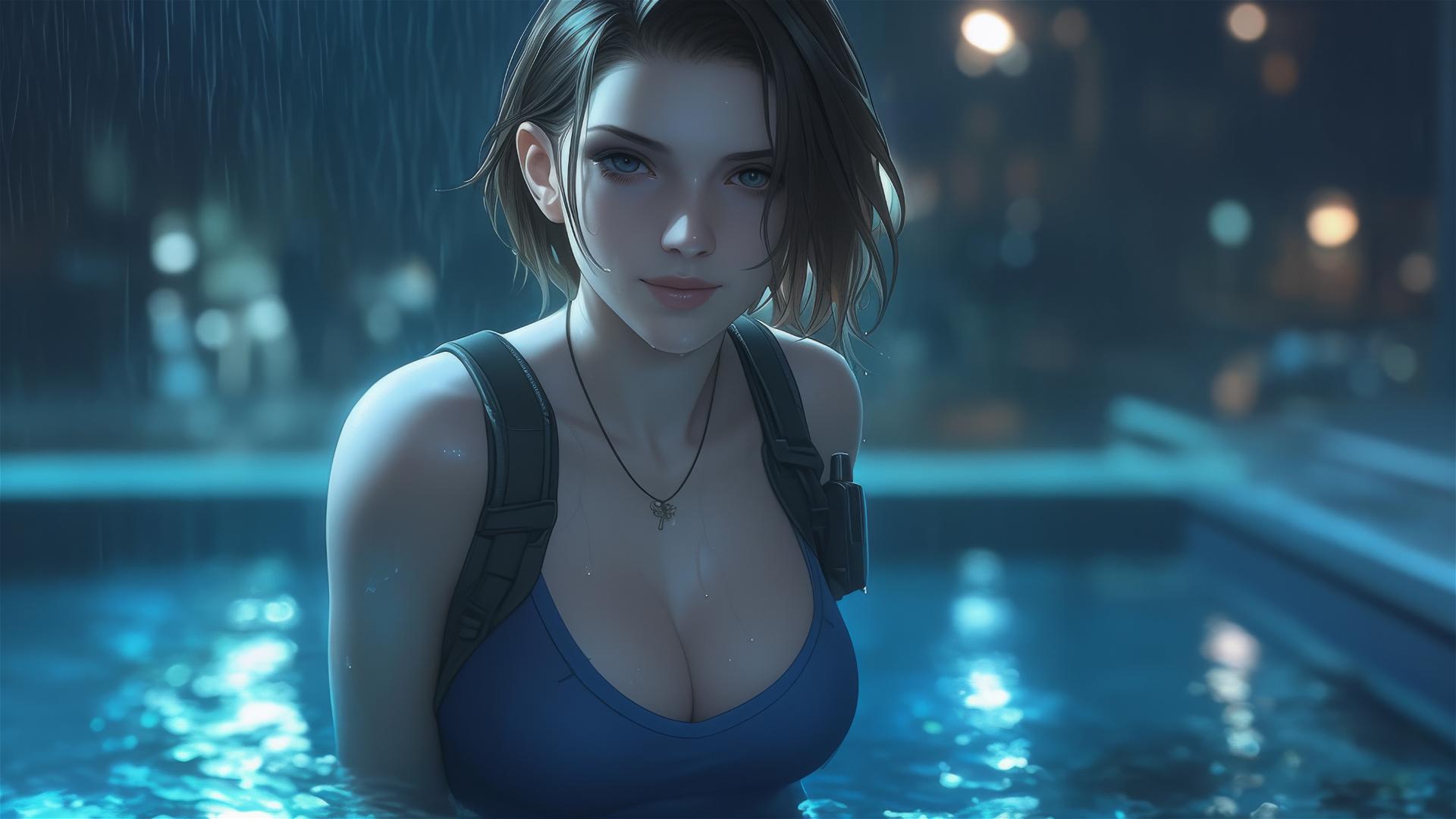 Jill Valentine standing in a rainy swimming pool under moonlight