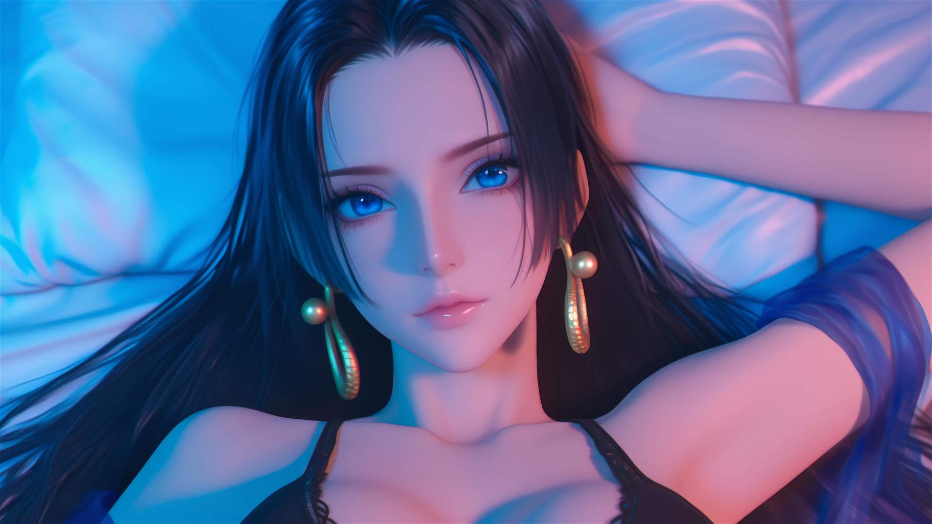 Boa Hancock from One Piece in black and pink leather on a bed